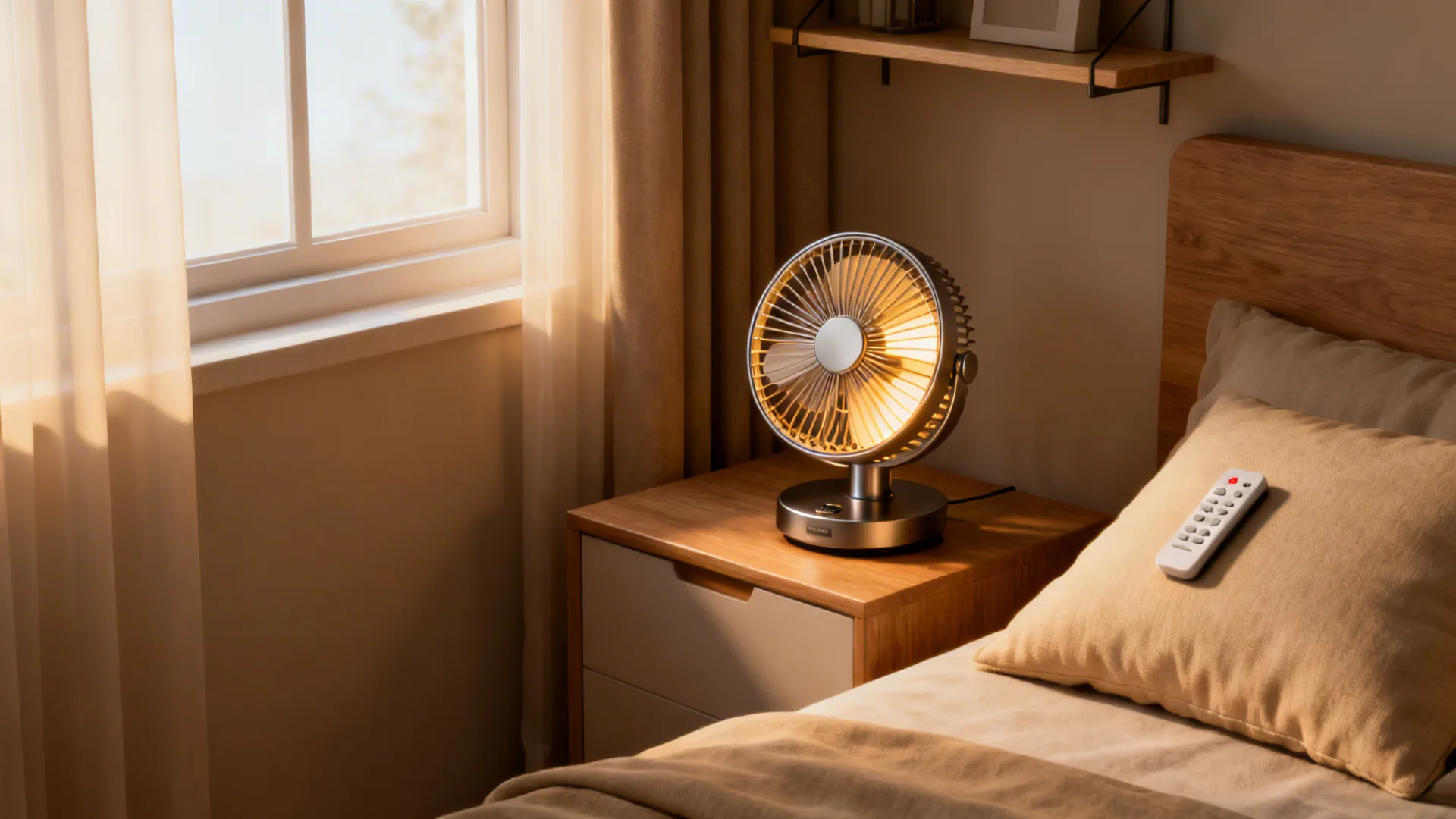 Small bedroom with a remote-controlled mini ceiling fan emitting warm light above a bed, remote on pillow.