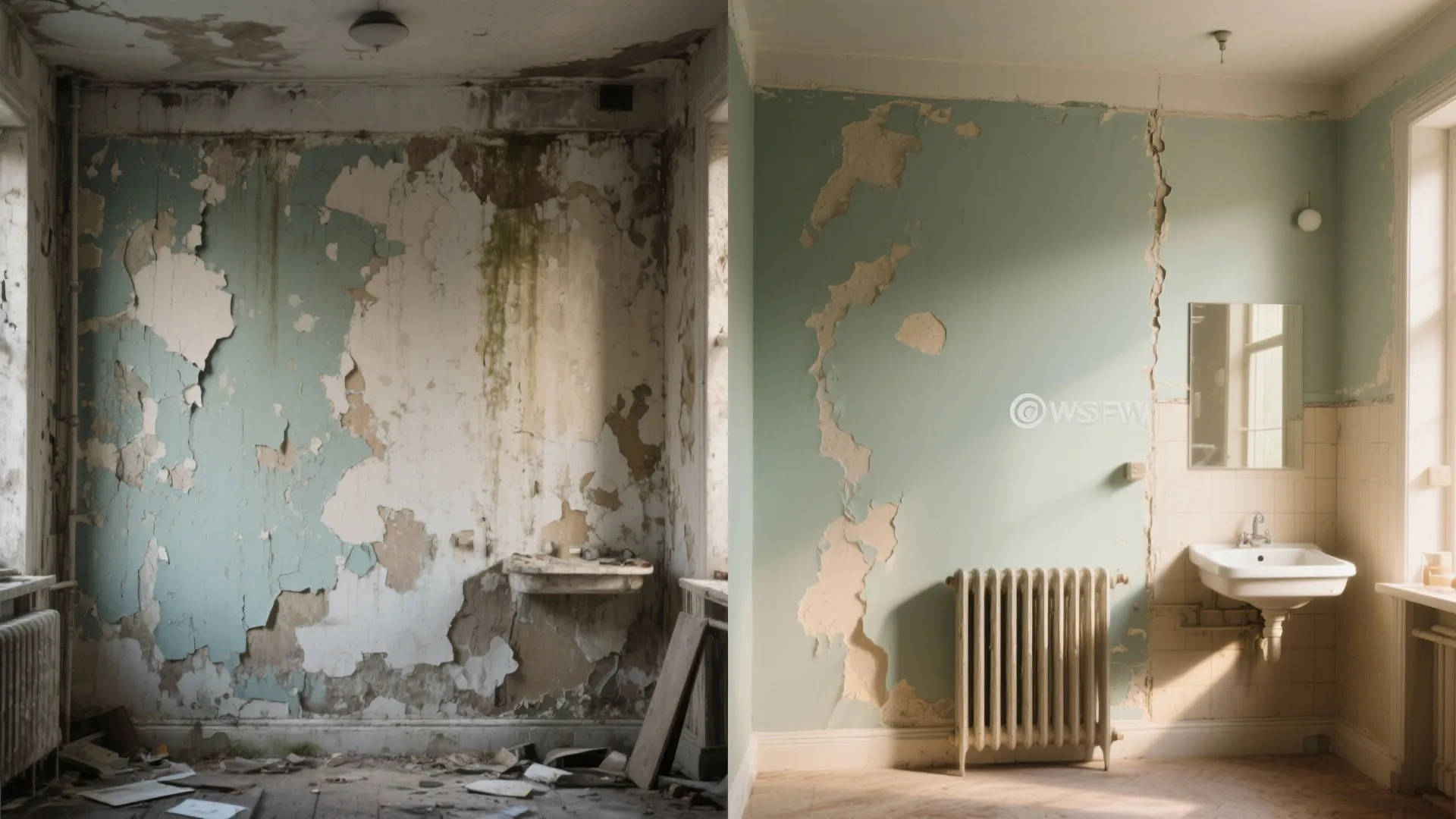 Split before-and-after image showing a wall with heavy peeling paint and the same wall after a targeted mini-renovation and repaint.