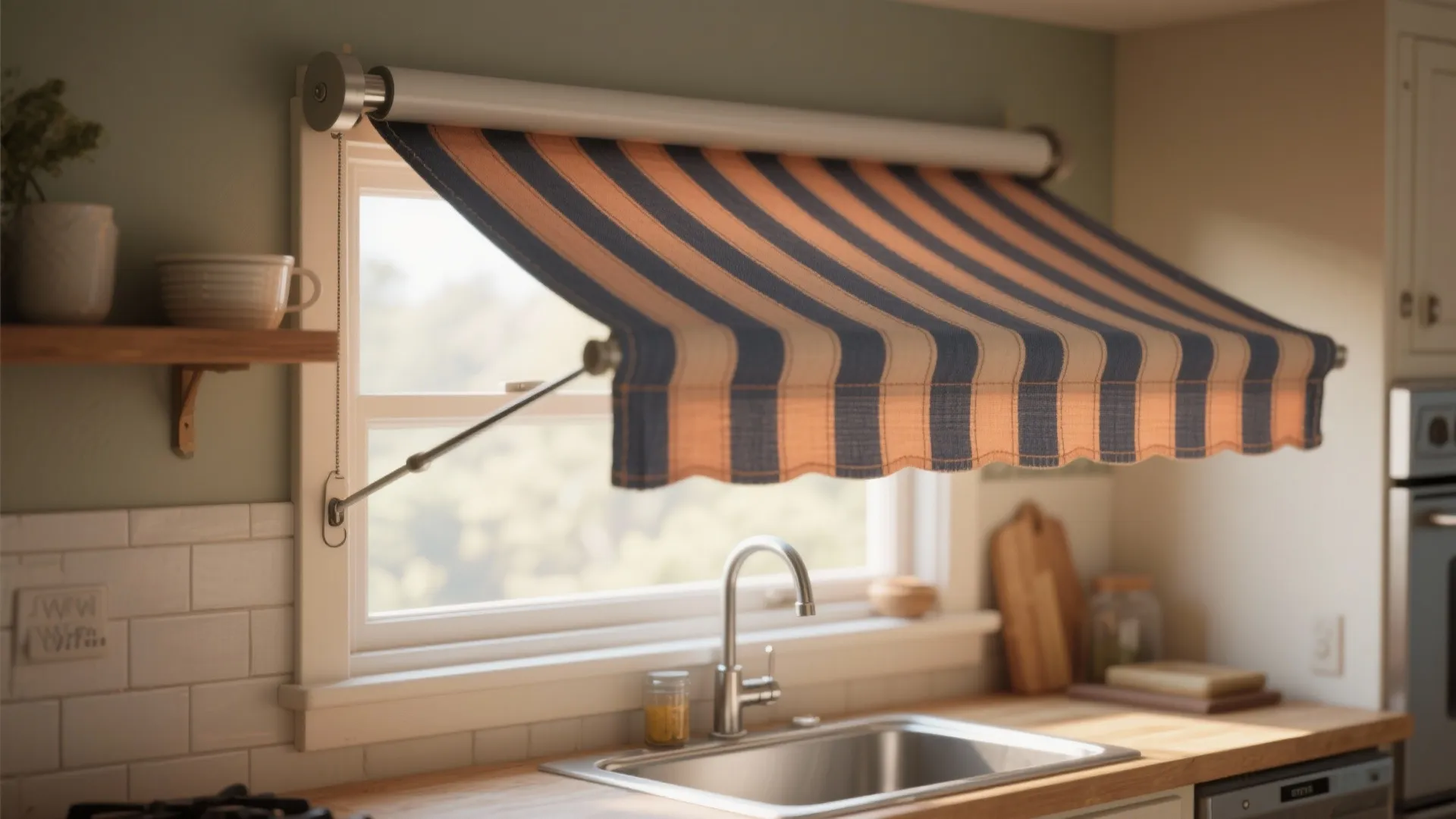 Striped indoor window shade above kitchen sink area with wooden counter and white brick wall