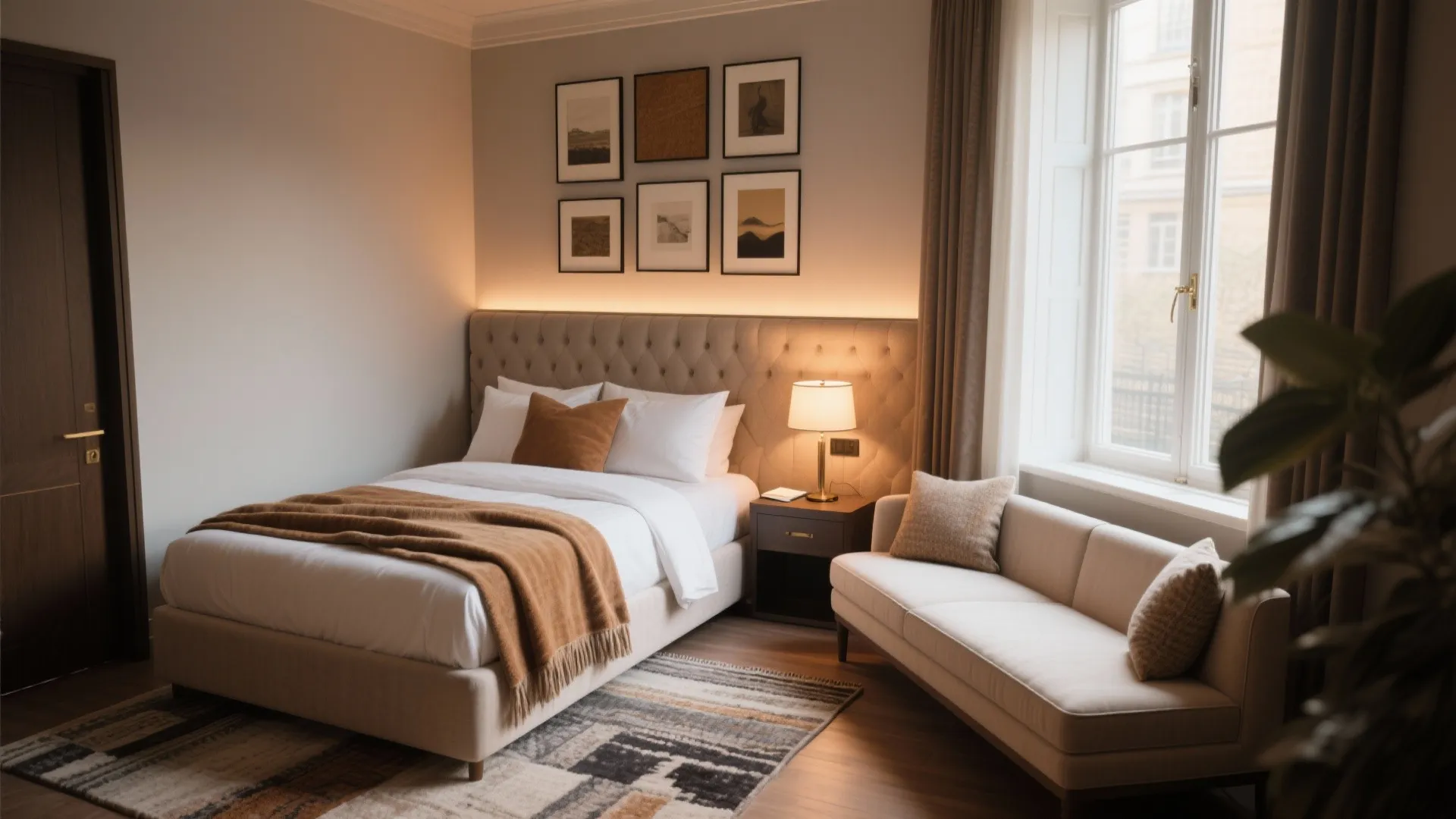 Cozy bedroom with beige bed, gallery wall, table lamp, small sofa, rug, and window curtains