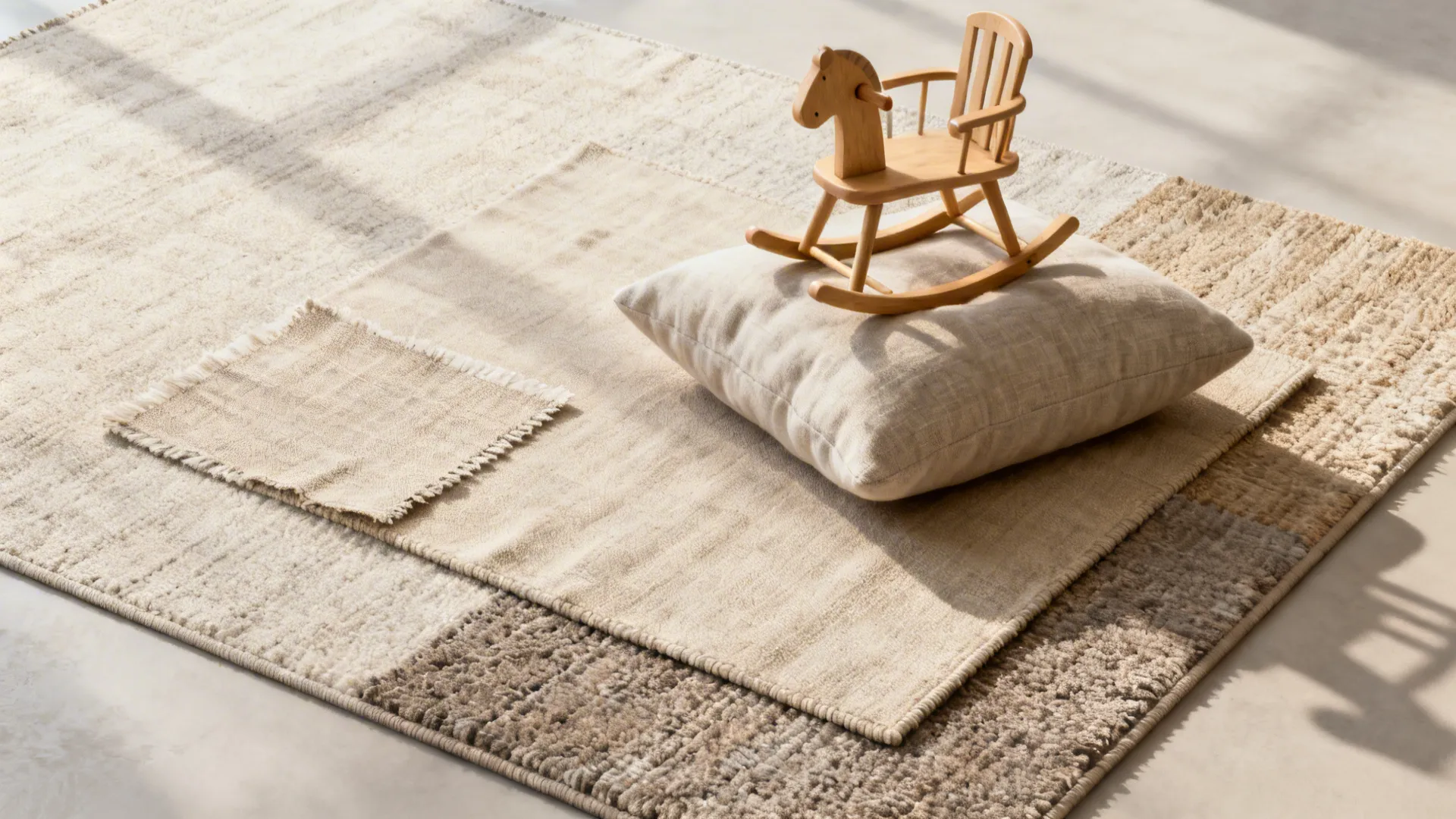 Flatlay of linen swatch, cushion and a child-sized rocker styled in neutral tones