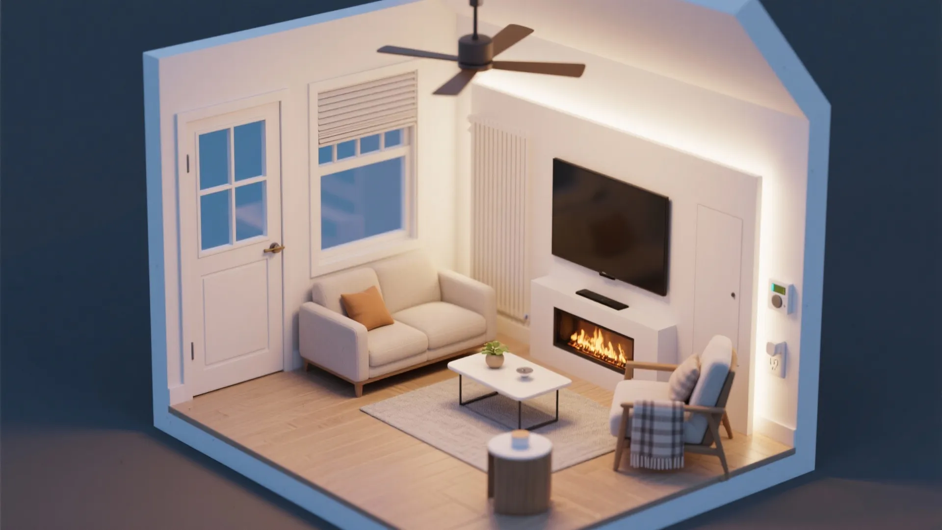 Top-down mini-room plan showing sealing, radiant panel, task heat, and smart controls.