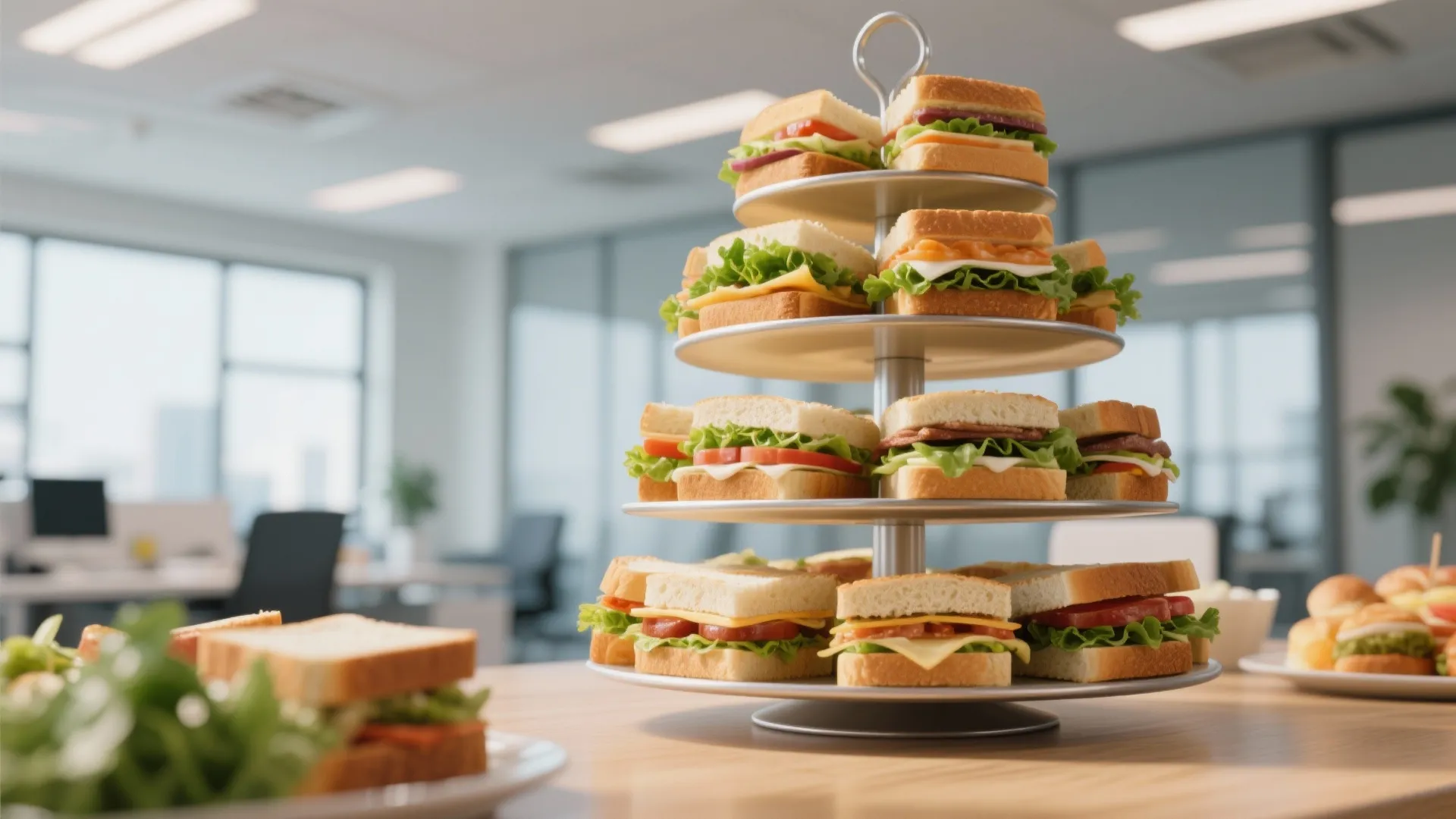 Three tiered metal stand filled with fresh triangular sandwiches on a table inside modern office
