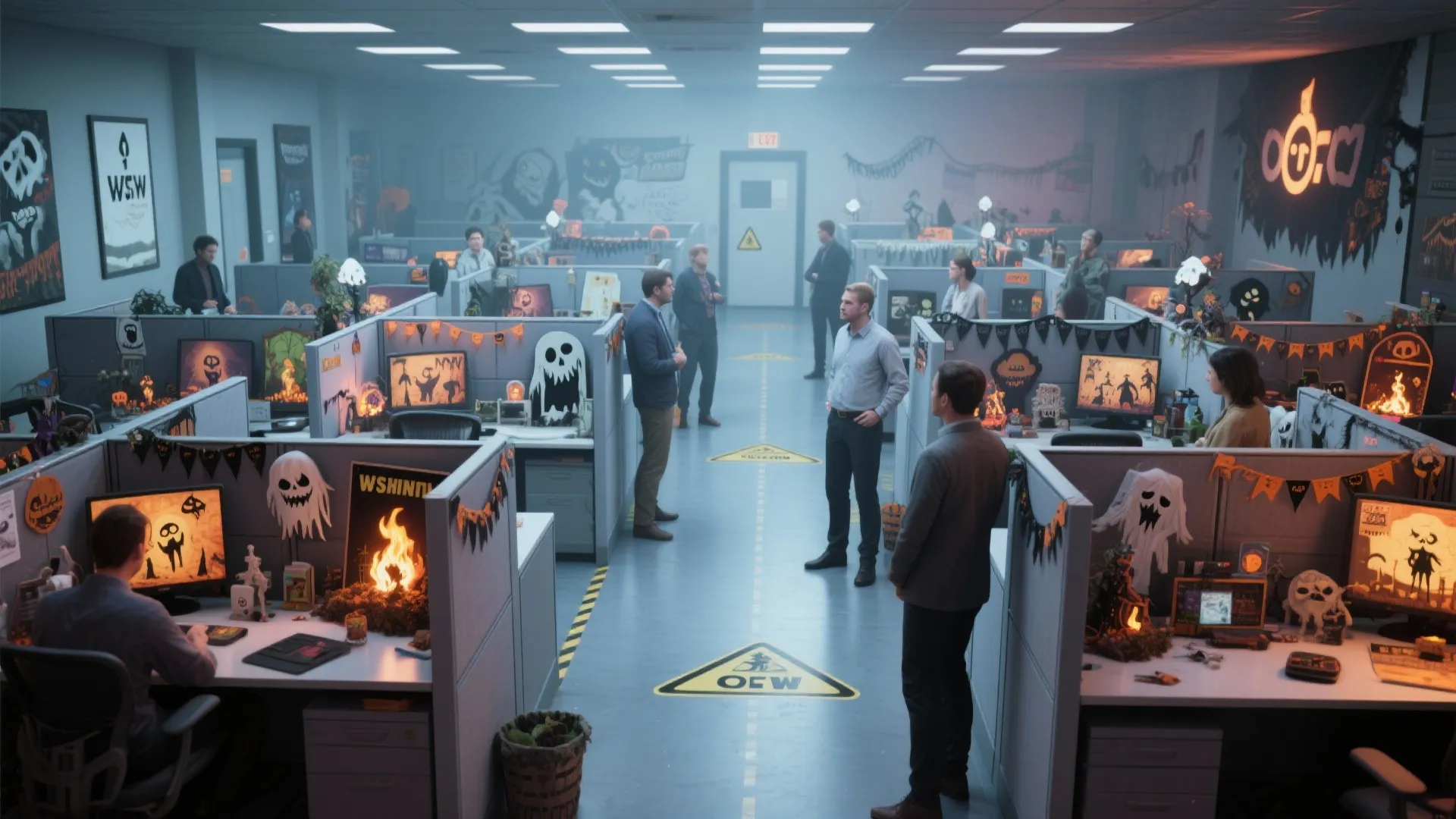 Modern office with many cubicles decorated for Halloween featuring ghost figures and orange pumpkin lights