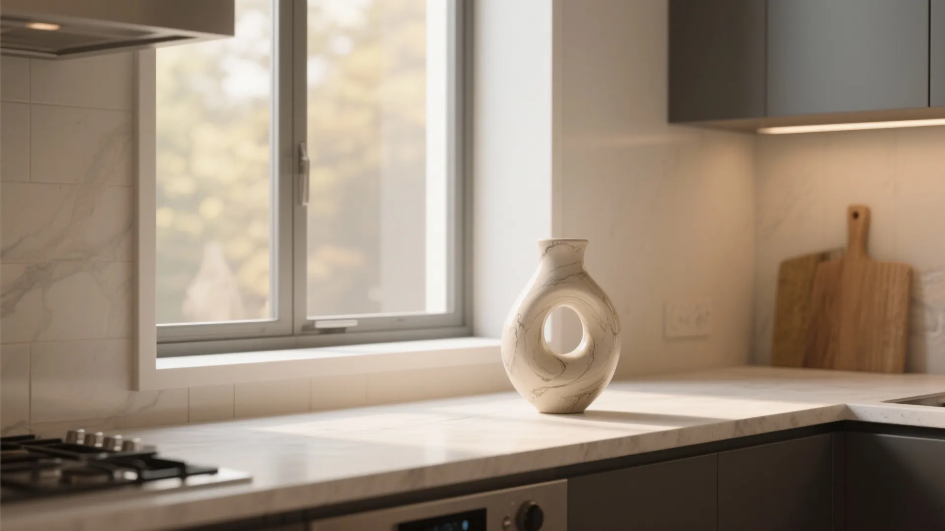 Modern white marble donut vase sitting on a kitchen counter near a window with sunlight