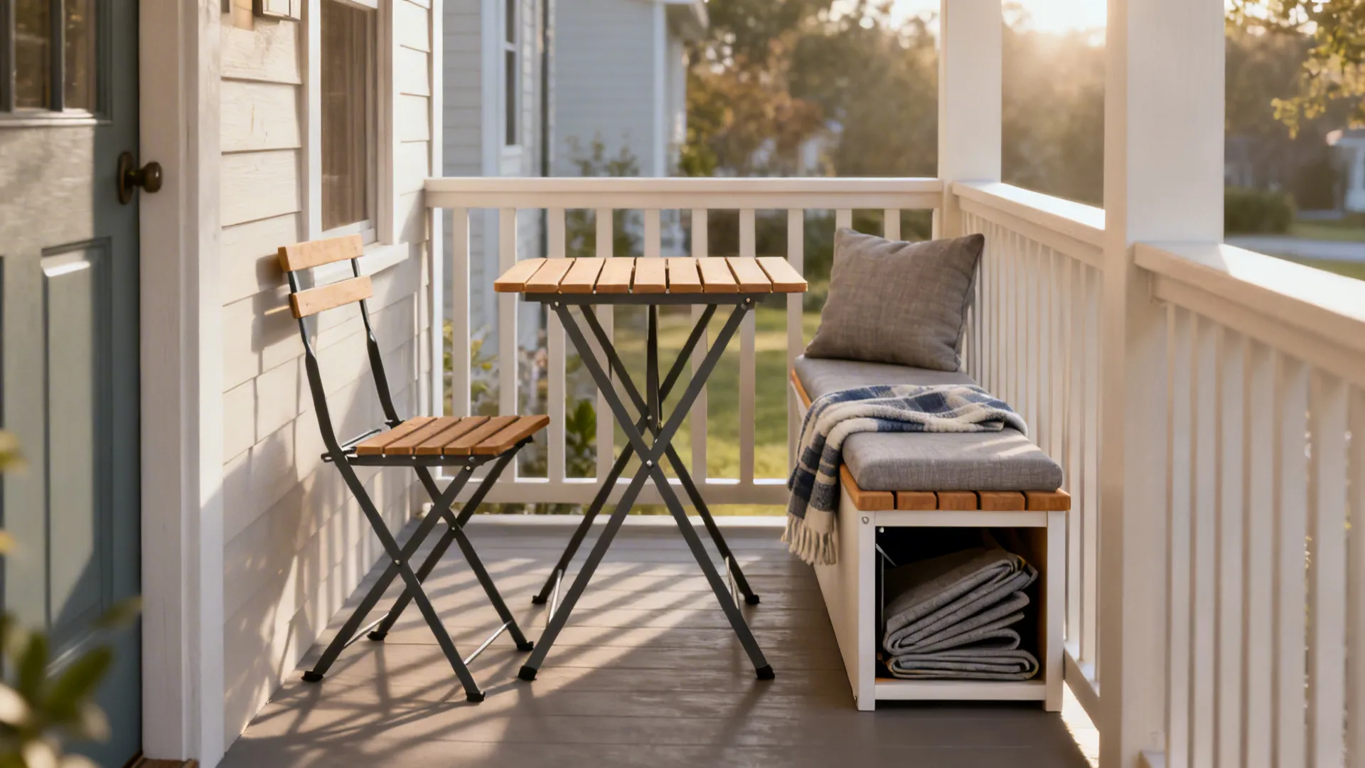 Narrow porch with folding bistro set and bench with weatherproof cushions and throw.