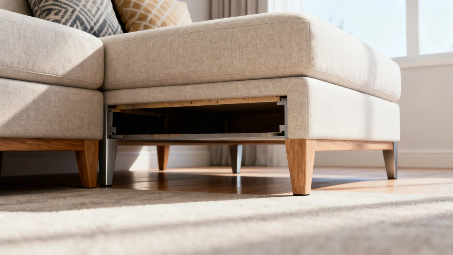 Mini sectional with open legs creating visible floor space and airy feel.