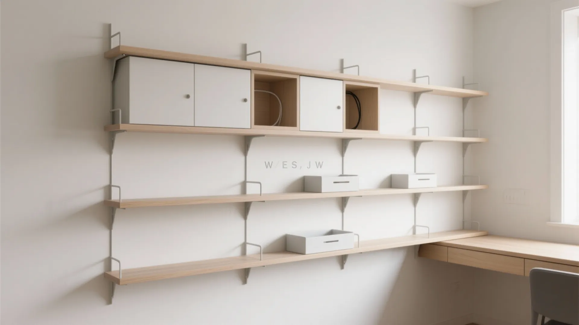 Minimalist wooden wall shelves with white storage cabinets above a wooden desk in a room