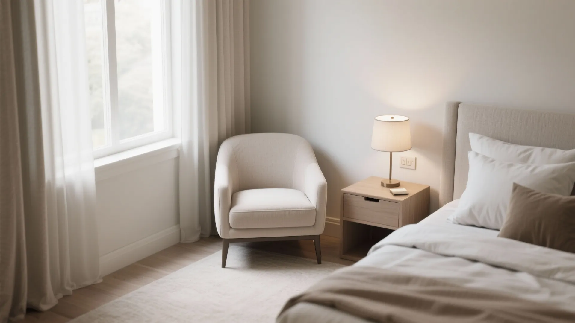 Cozy bedroom corner with beige armchair wooden side table table light and window with white curtains