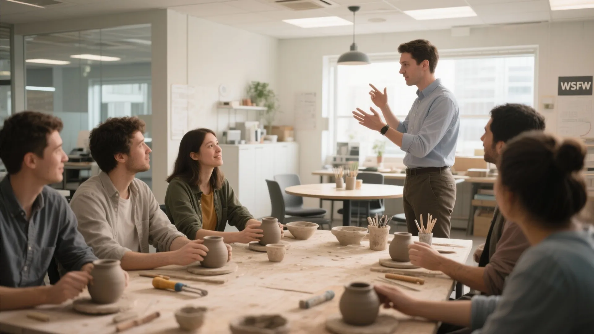 Professional group attending a pottery workshop with a male teacher explaining how to make pots