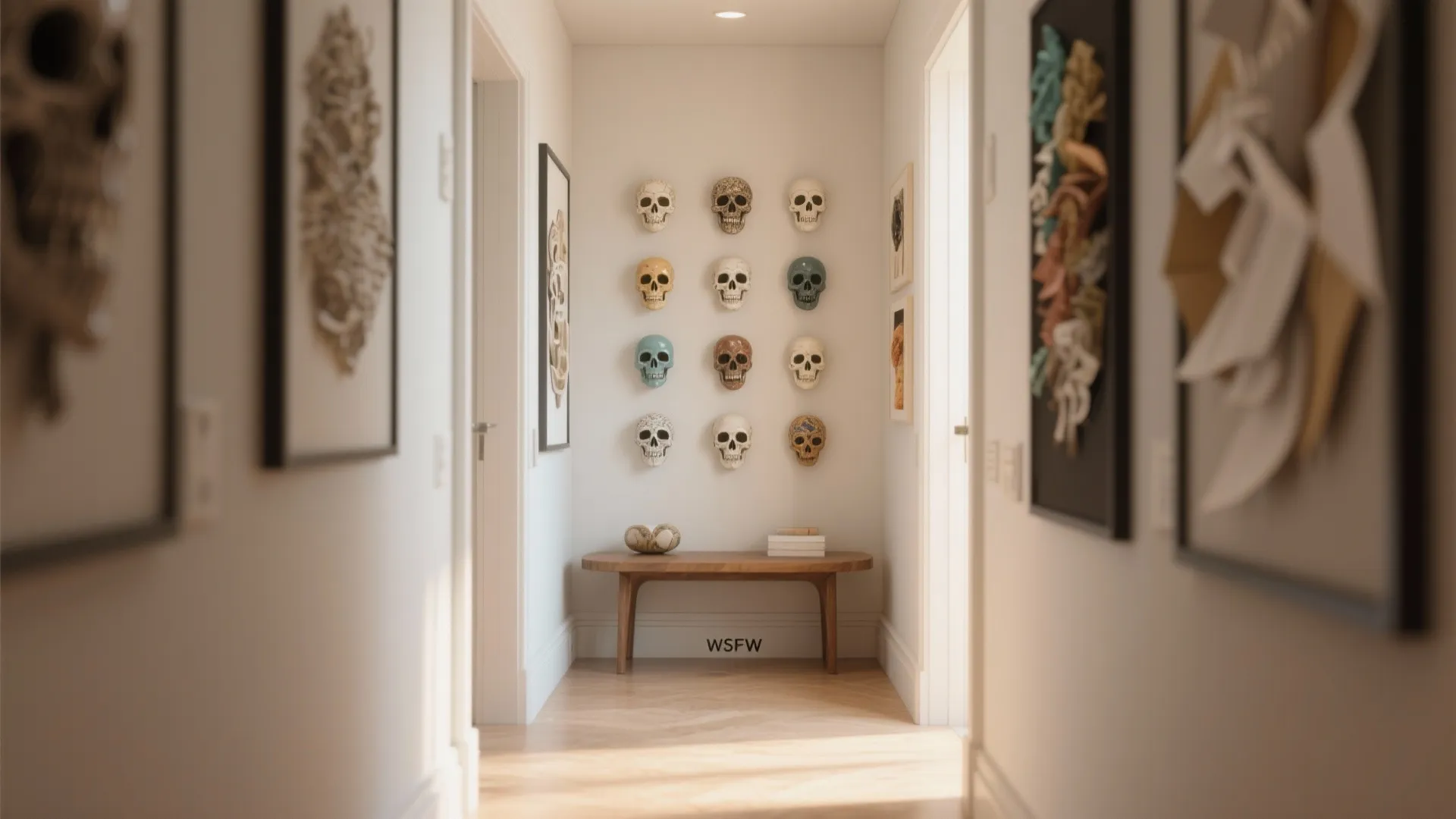 Bright white hallway gallery wall displaying small colorful decorative skulls above a wooden bench furniture