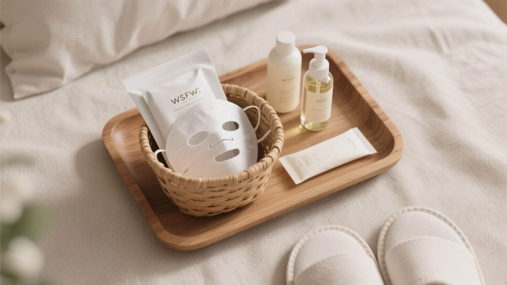 Top-down flatlay of a mini spa pamper basket with masks, lotions, scented soap and slippers.
