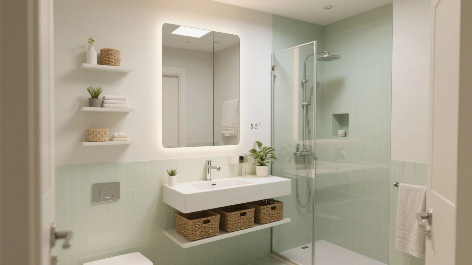 Modern bathroom with green tiles white sink glowing mirror glass shower door and woven storage baskets