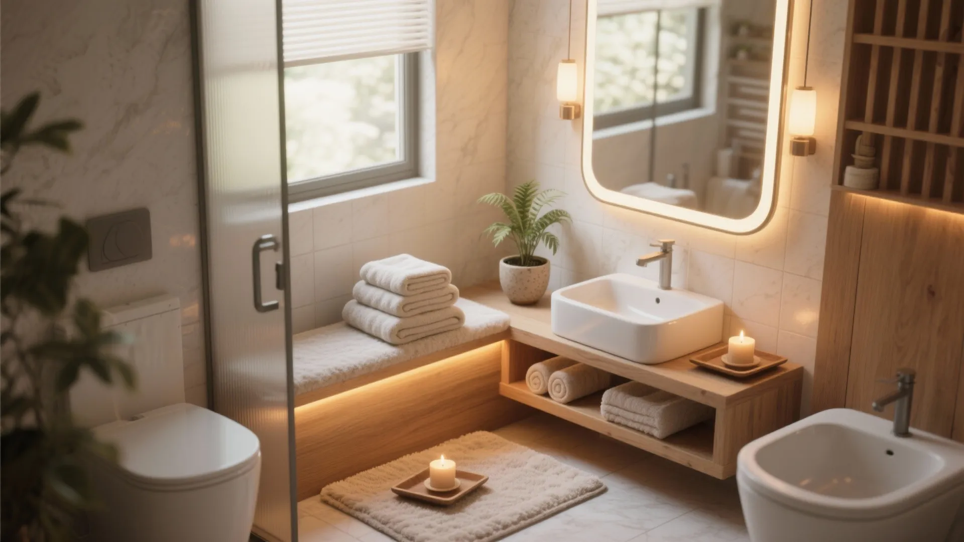 Relaxing bathroom design with wooden shelves white sink lighted mirror candles plant and soft white towels
