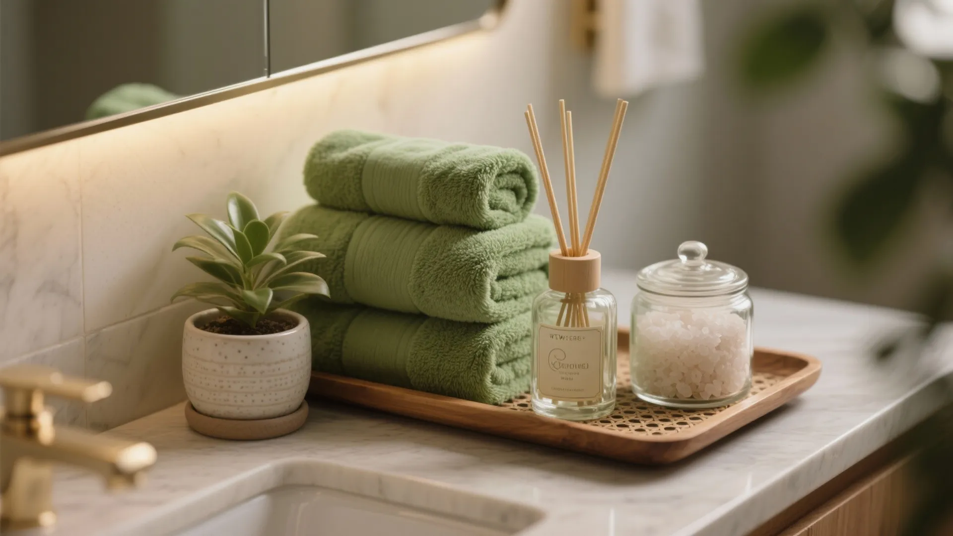 Mini spa vignette with stacked hunter green towels, diffuser, plant, and jar of bath salts on a wooden tray.