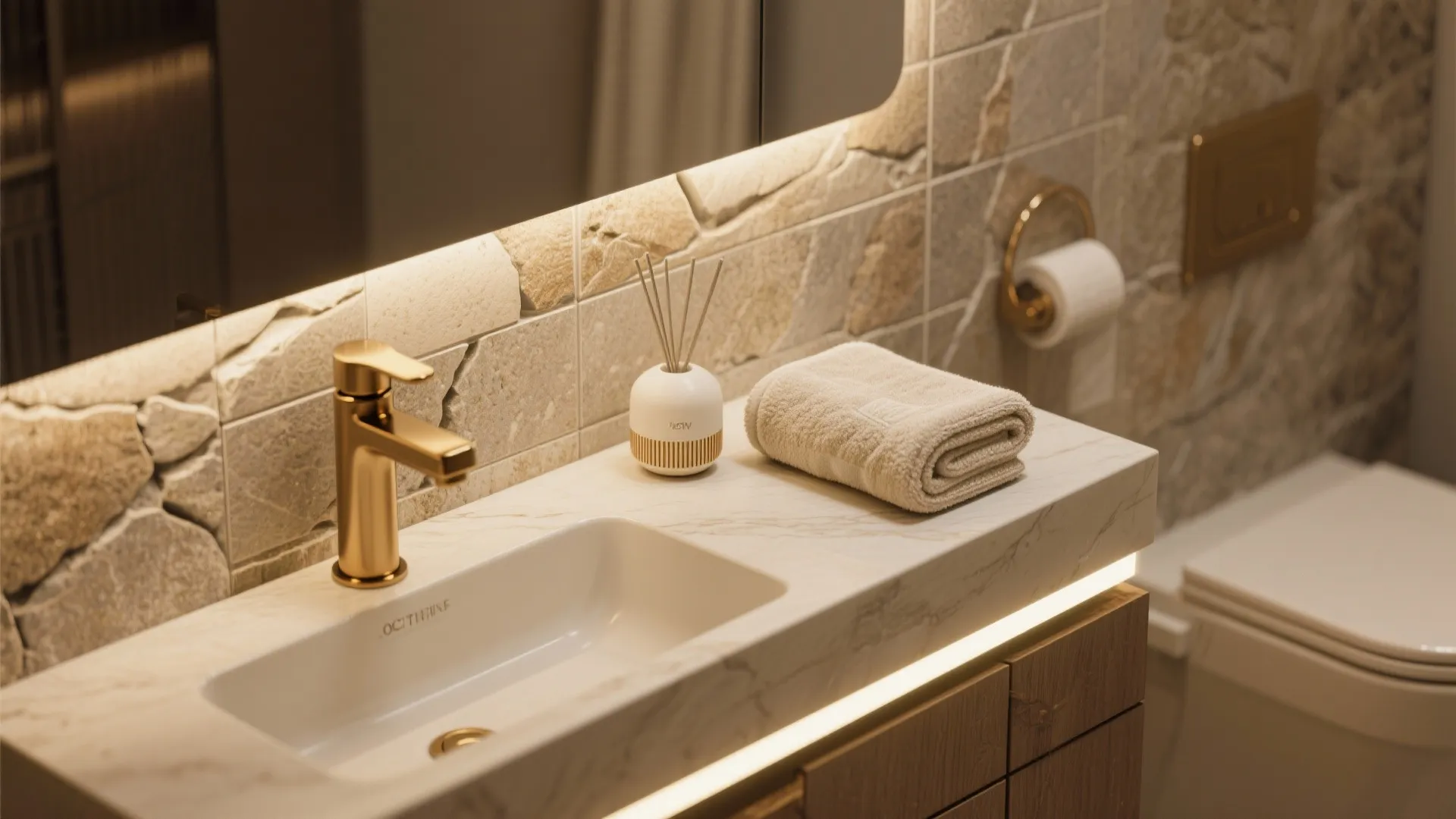 Close-up of stone tile, brushed brass faucet, and layered lighting in a mini spa-style quarter bathroom