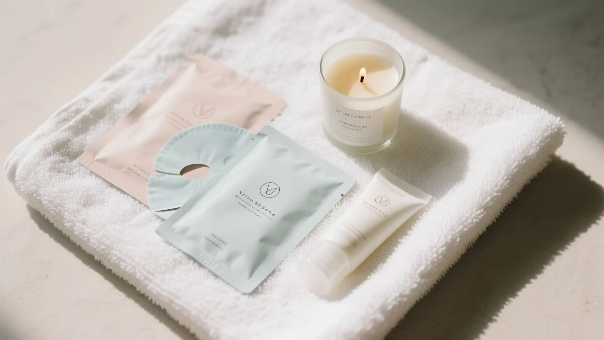 Relaxing spa kit on white towel with facial masks cream tube and lit scented candle