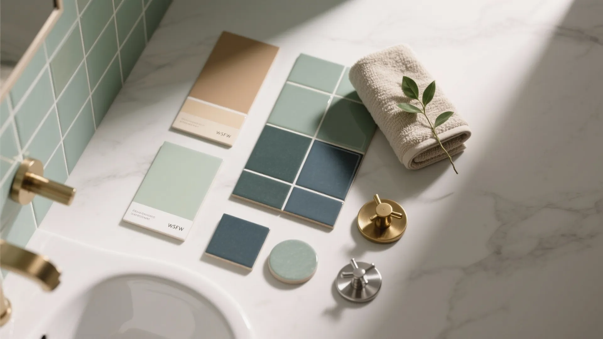 Bathroom design material board with green tiles, beige color samples, gold hardware, and white towel