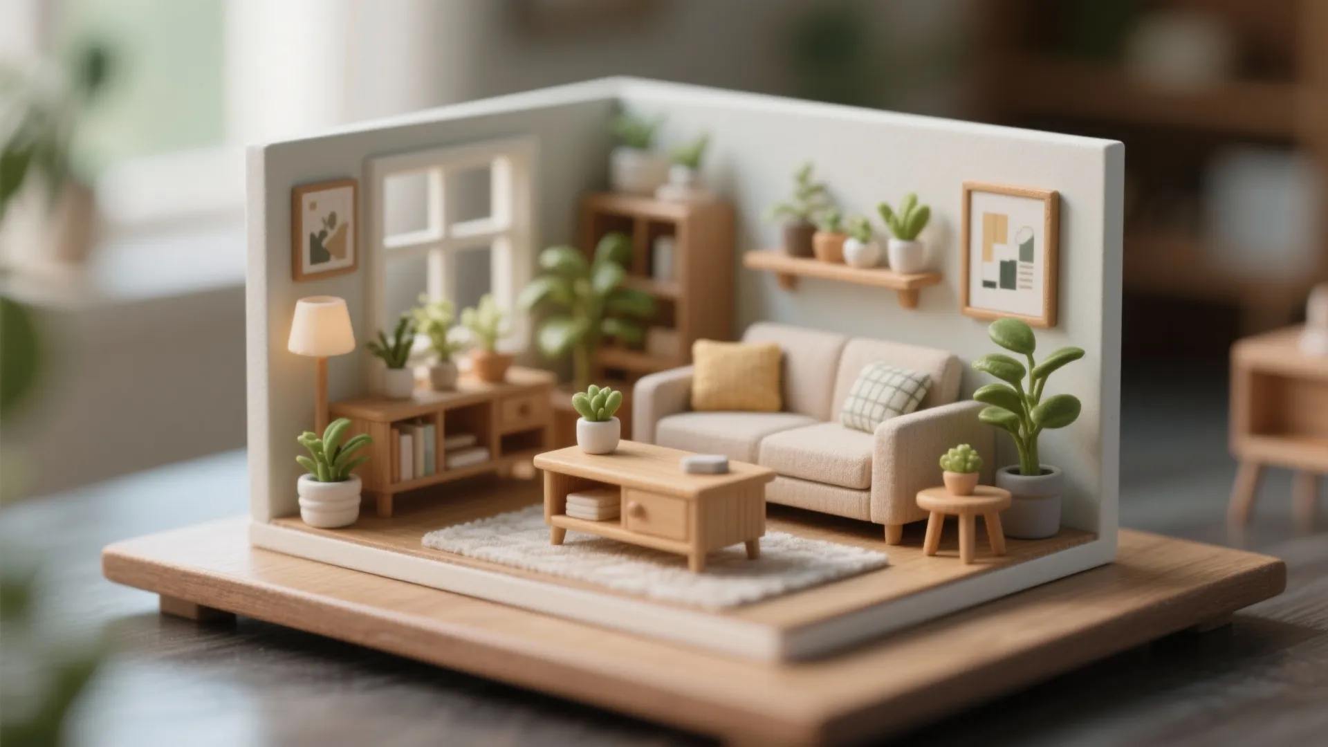 Small living room model with cream sofa coffee table wood floor plants and white walls