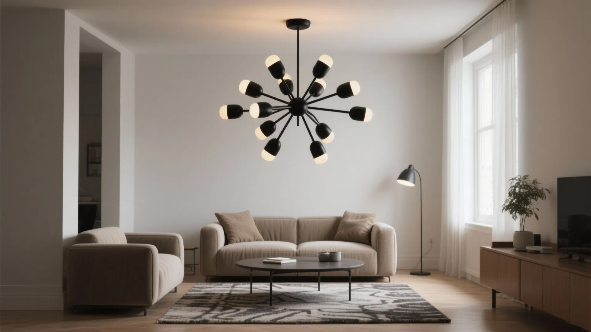 Cozy living area with a matte-black mini multi-arm chandelier creating a sculptural focal point.