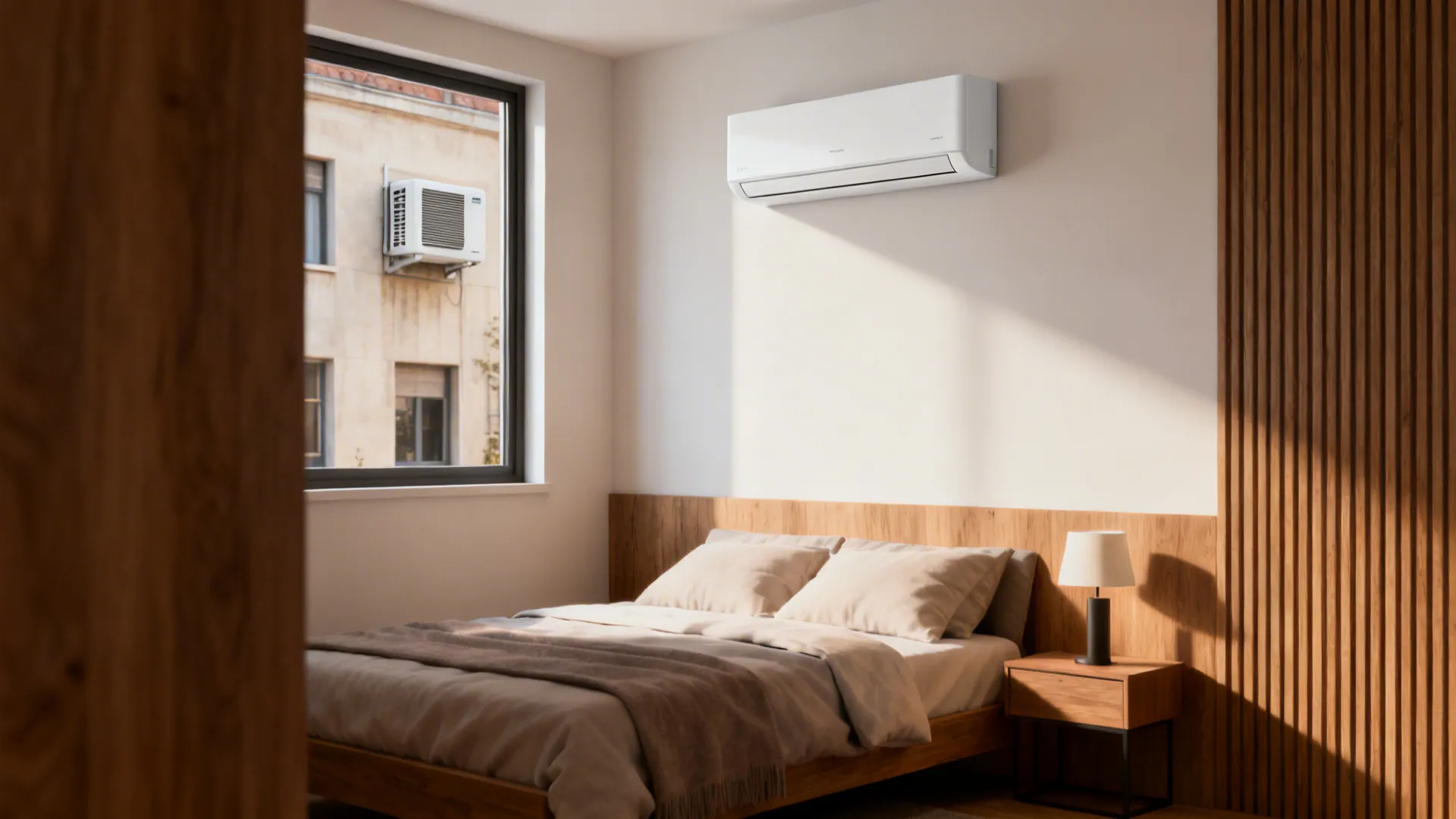 Small bedroom with a slim mini-split indoor unit above the bed and a discreet outdoor condenser visible outside.