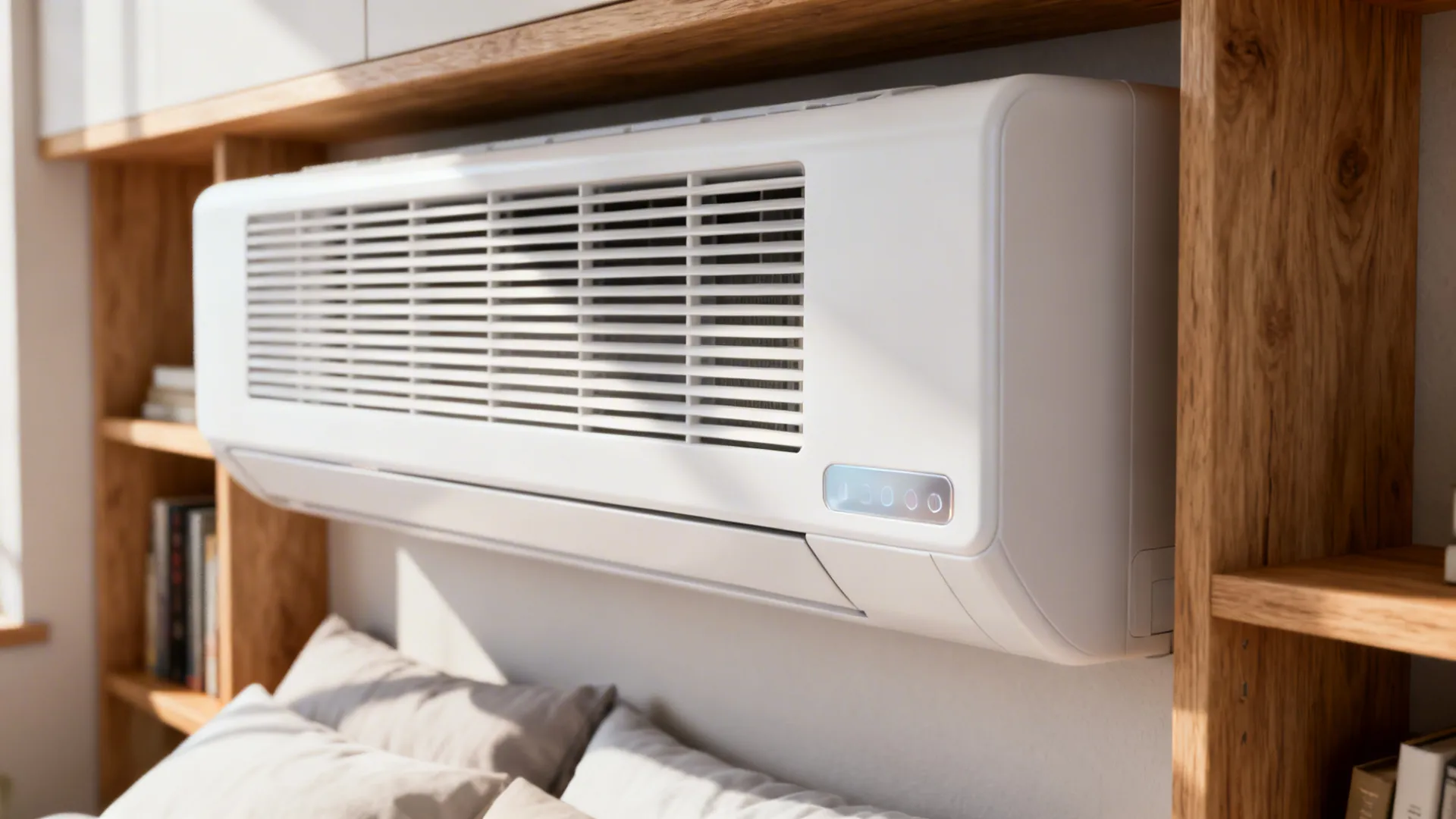Close-up of a sleek wall-mounted mini-split installed above a small bedroom bed, integrated with shelving.