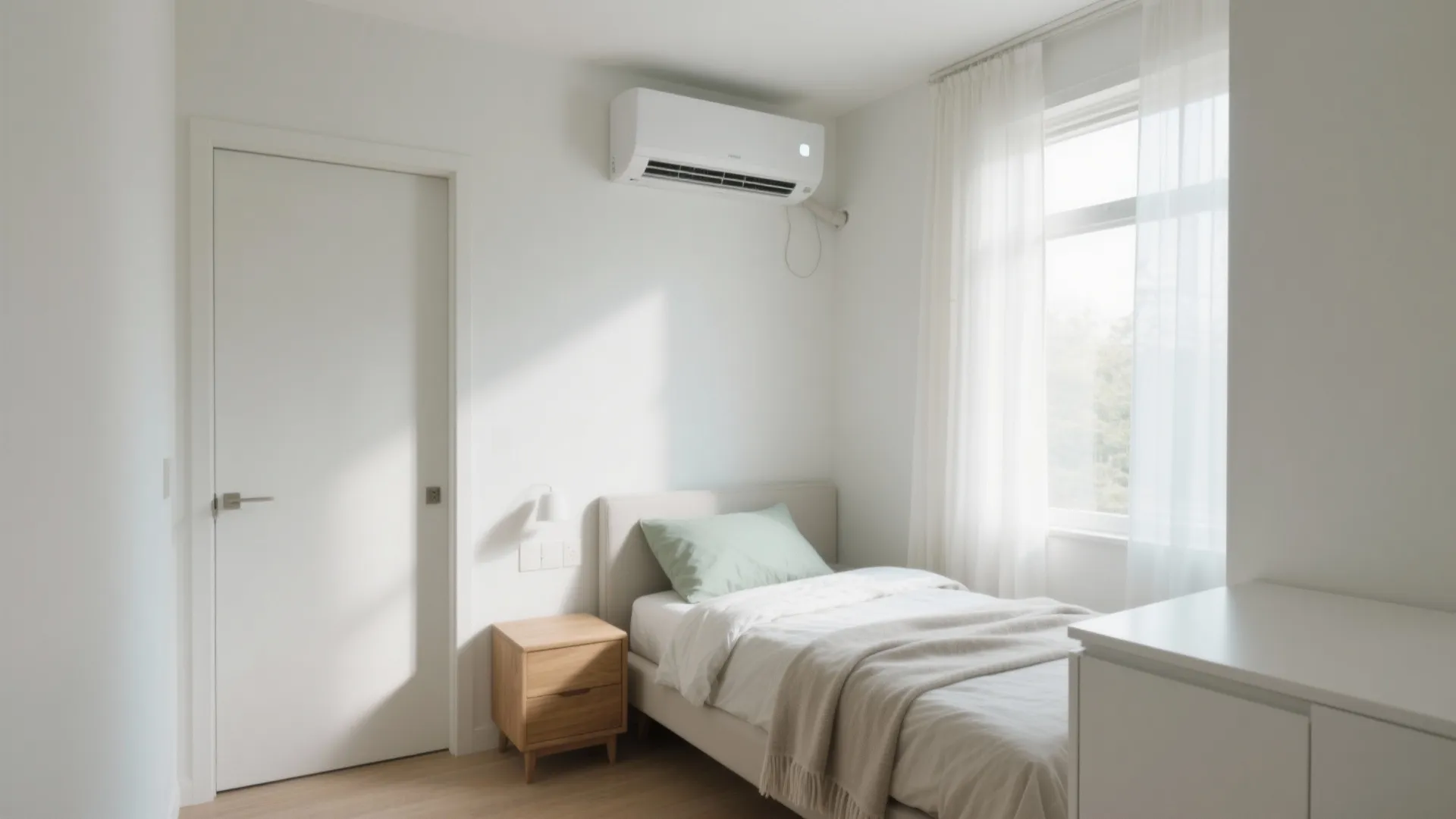 Compact room with mini split above sightline, open door and cozy textiles answering common FAQs.