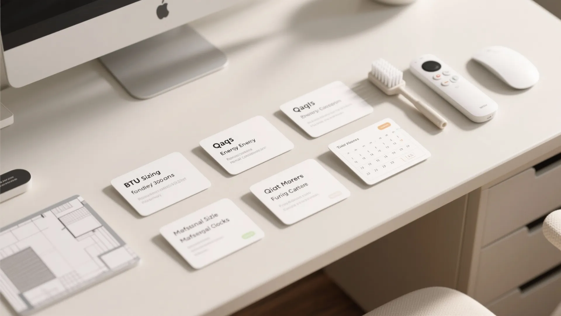 Top-down desk scene with objects symbolizing BTU sizing, efficiency, quiet modes, and maintenance.