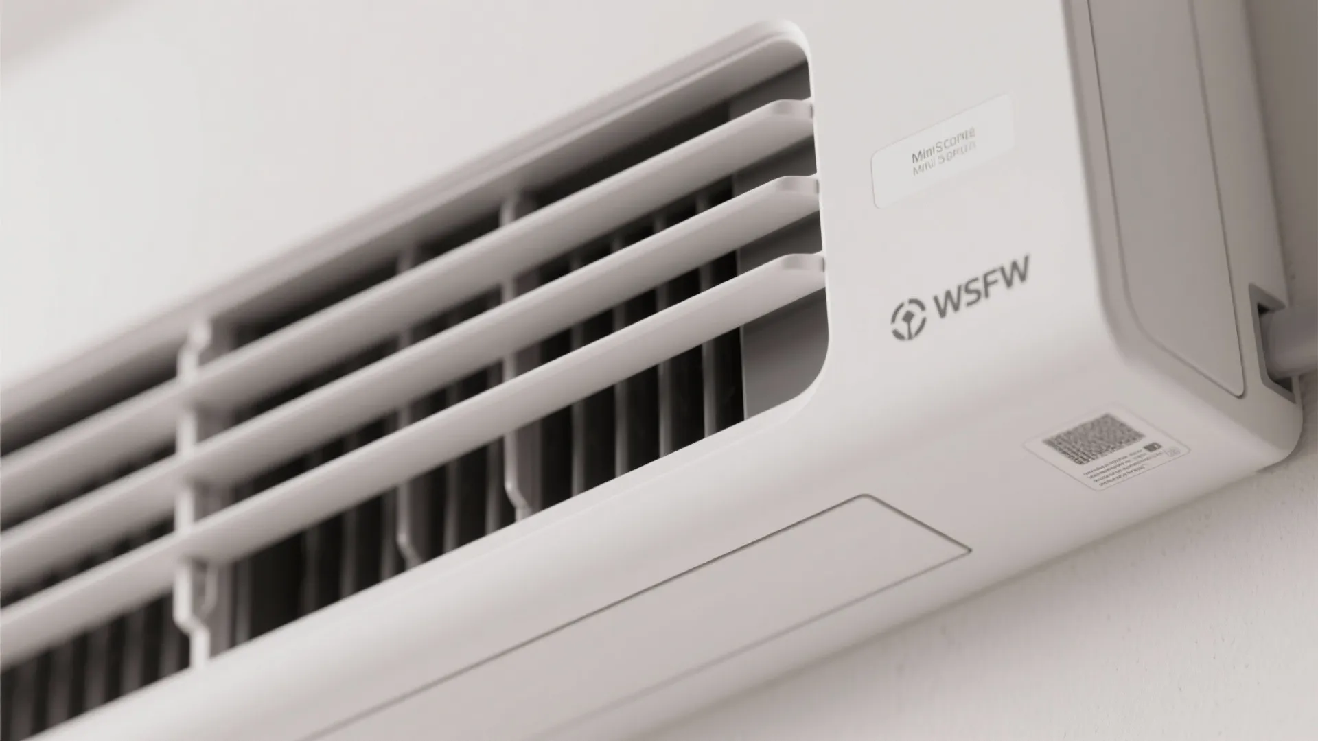 Close up view of a white air conditioner unit showing the front air vent details