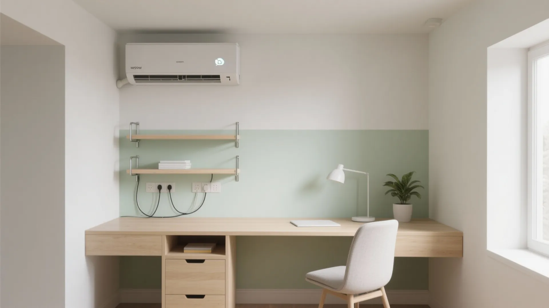 Home office with long wooden desk white chair wall shelves and air conditioner on wall