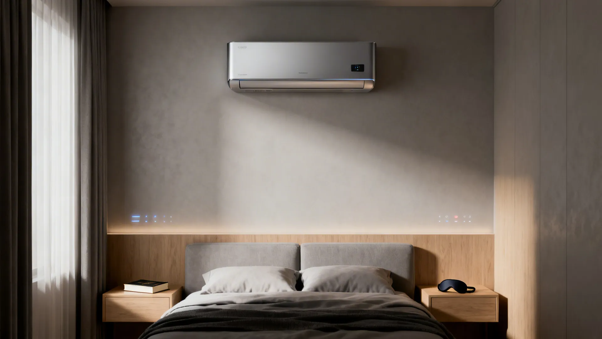 Small bedroom with a discreet wall-mounted mini-split unit above the bed.