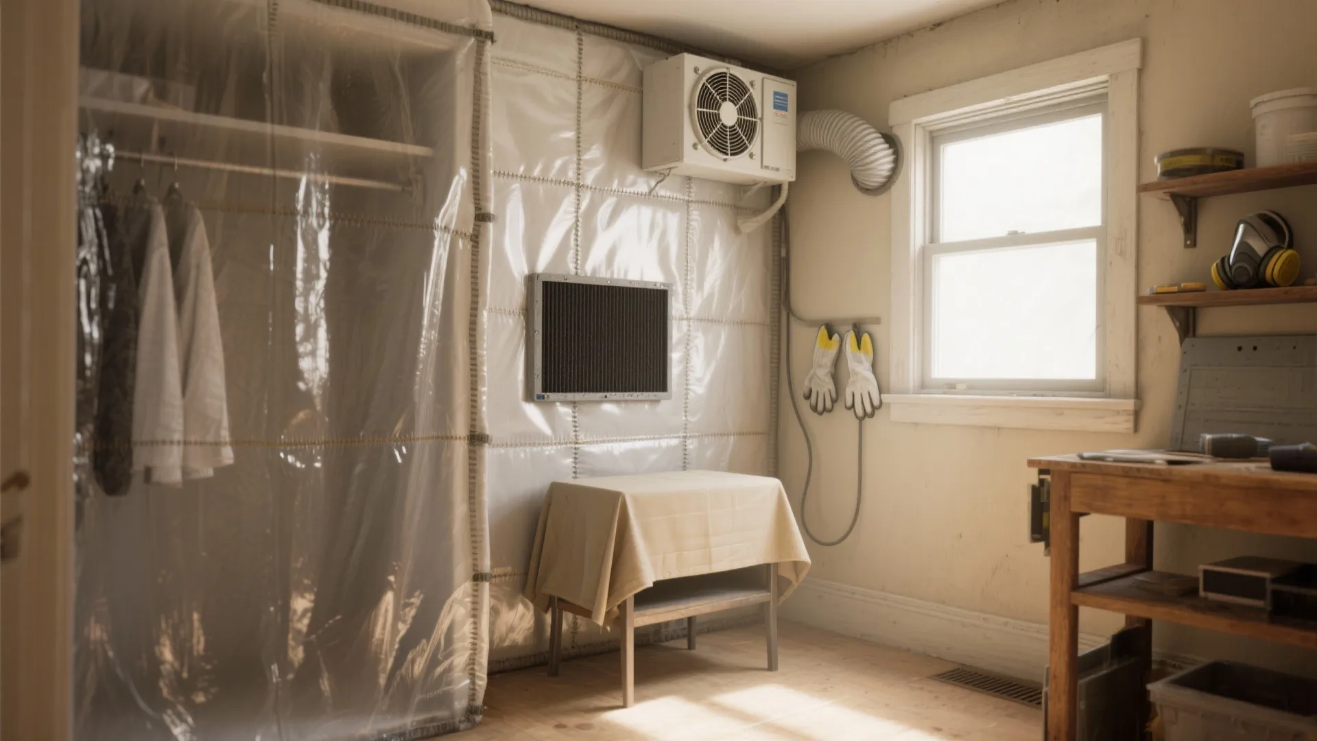 Indoor workspace setup with protective plastic wall covers table ventilation fan and wooden work bench