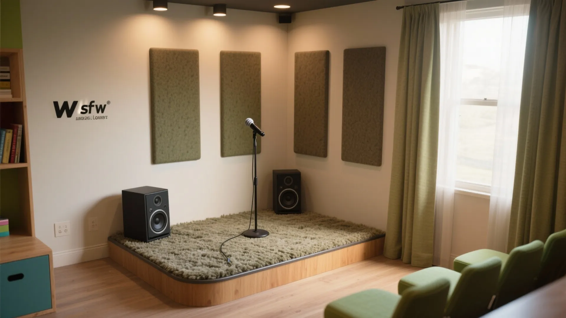 Small performance stage with microphone two speakers green wall panels and curtains in a modern room