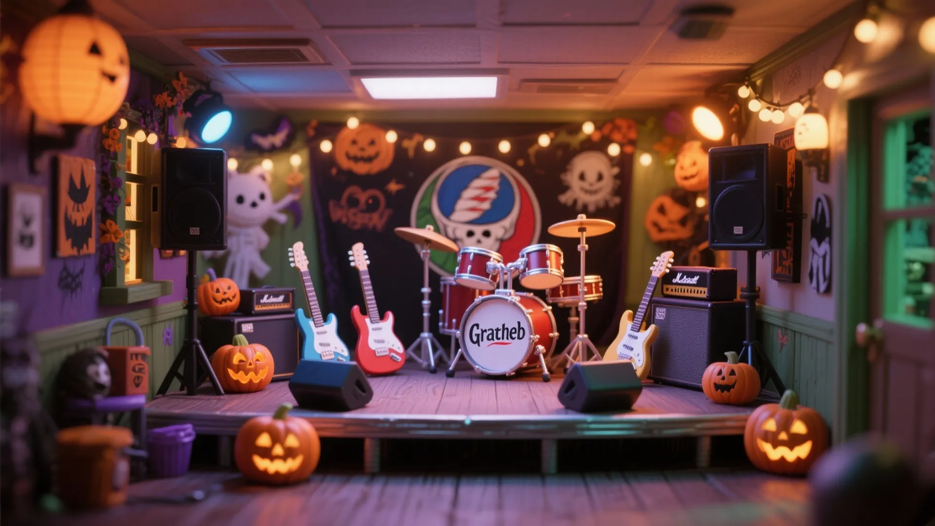 Halloween themed indoor stage with drum set electric guitars speakers carved pumpkins and festive string lights