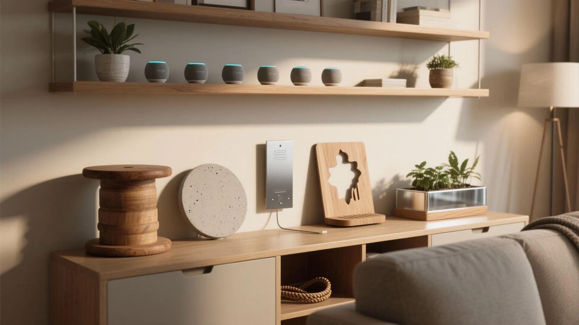 Living room with wooden shelves holding smart speakers above a cabinet with various decor items