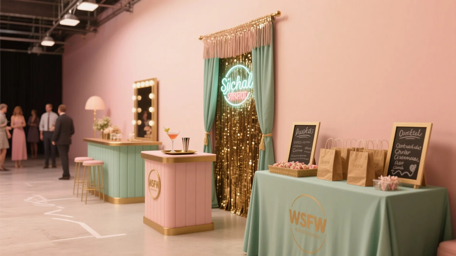 Pink event space with mint green bar counters gold curtains neon light signs and party guests