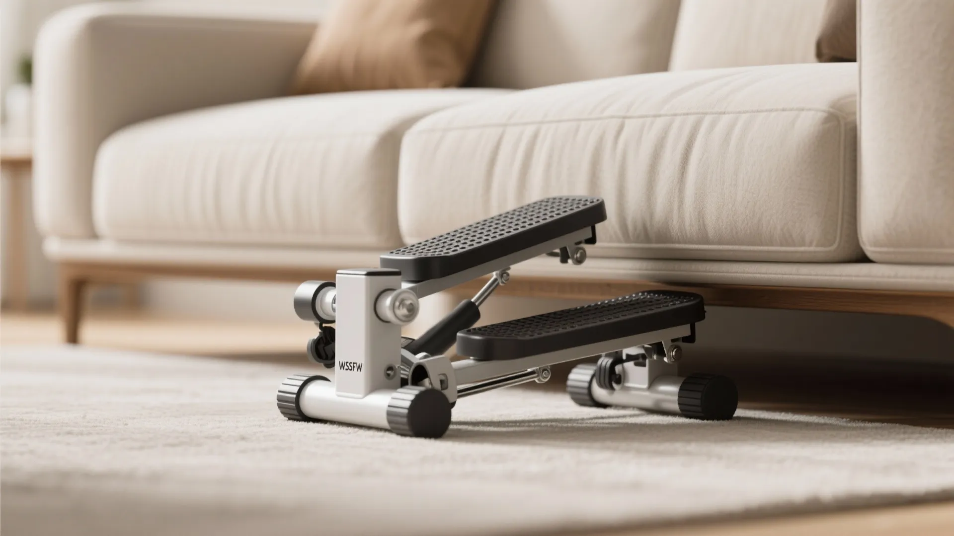 Compact mini stepper exercise machine placed on a rug next to beige living room sofa