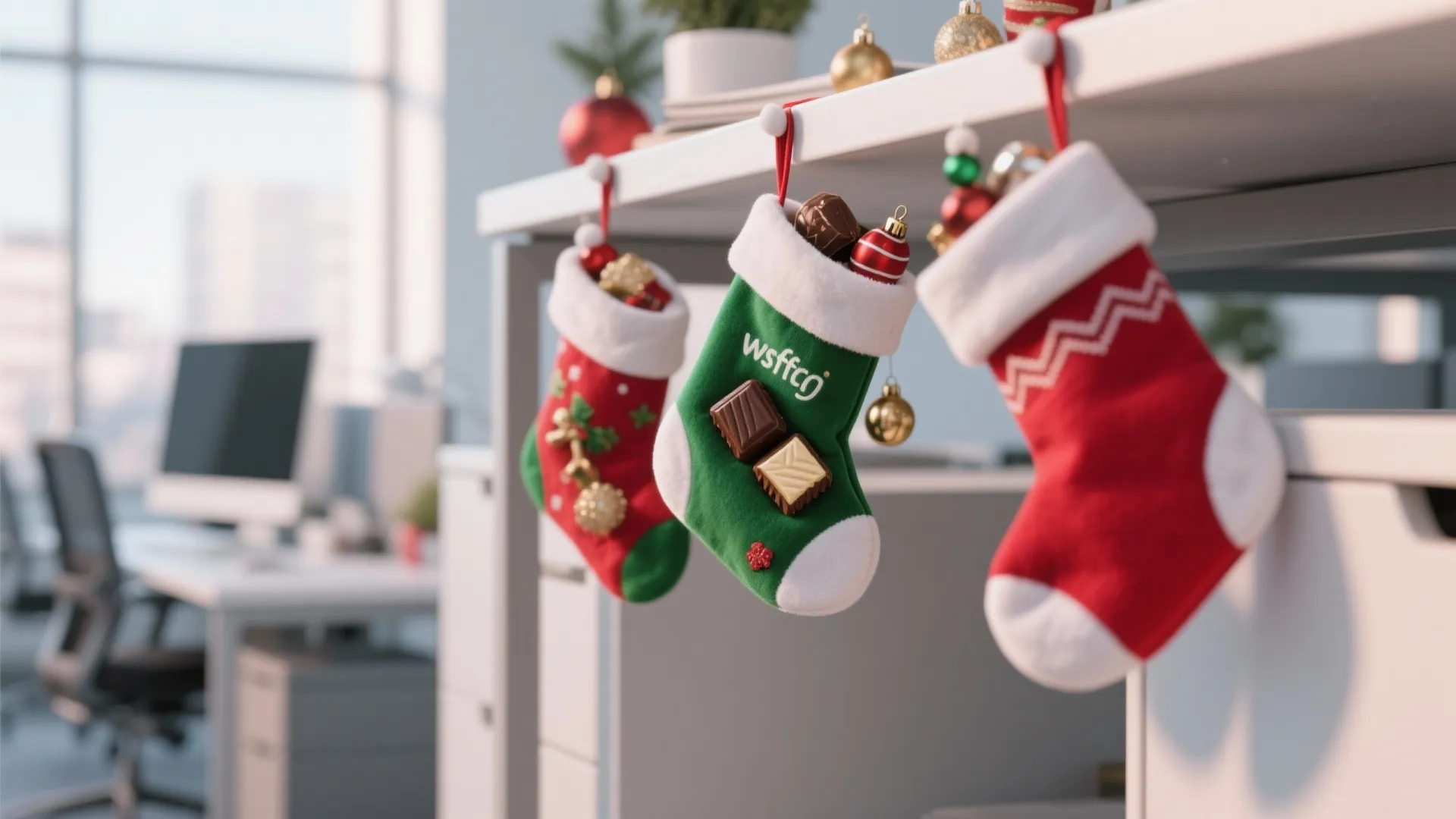 Three small Christmas stockings filled with chocolates hanging from the edge of a white desk