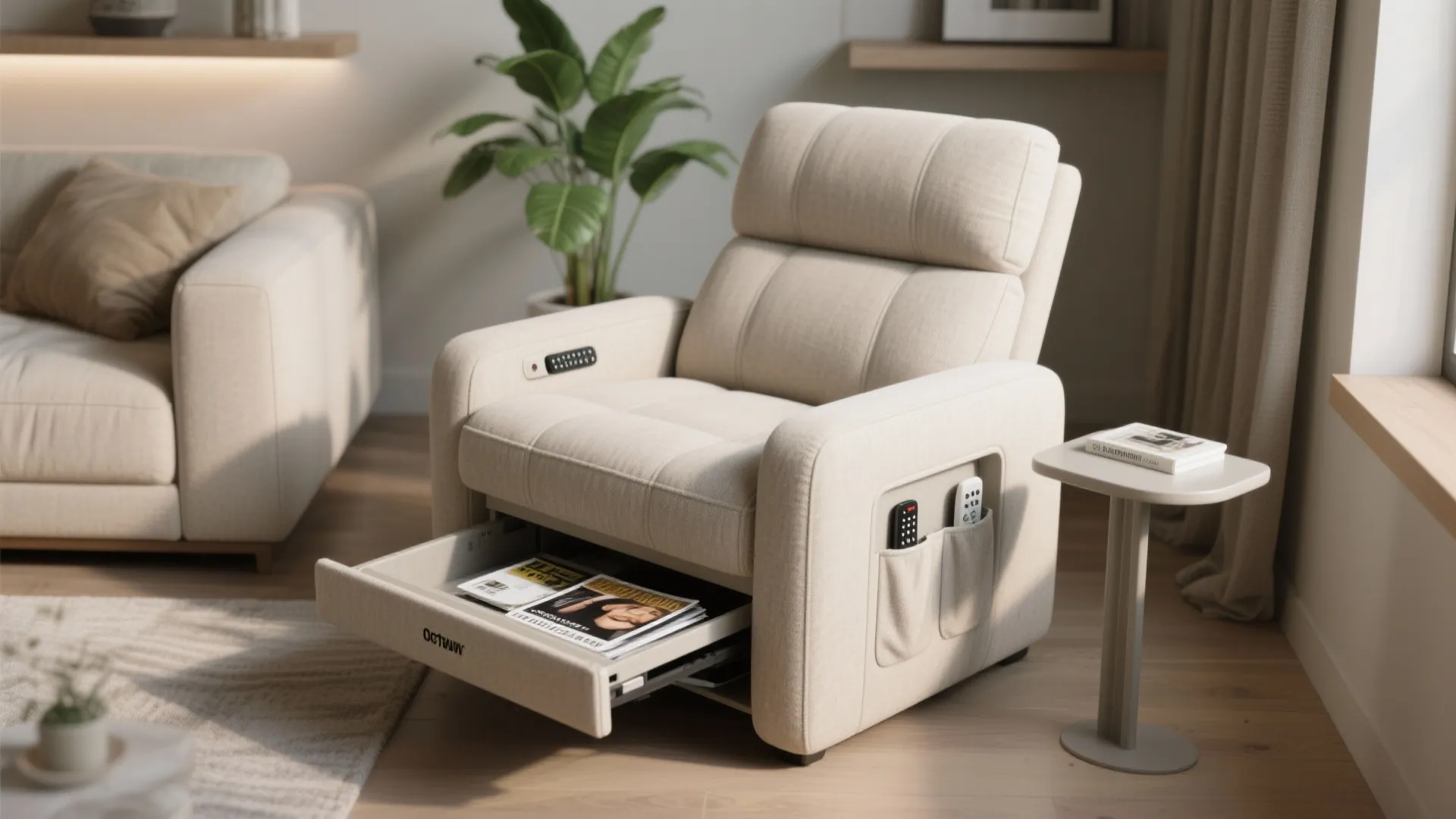 Modern cream sofa featuring a built in storage drawer for magazines and side pocket organizer