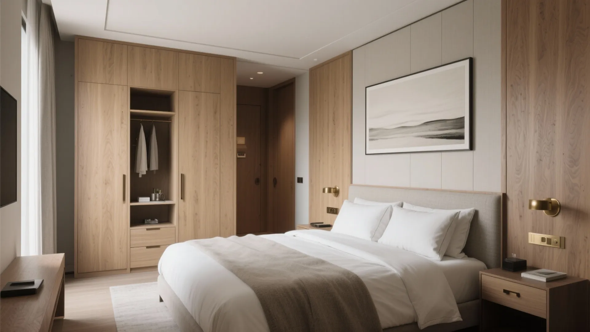 Minimalist suite storage that hides the clutter