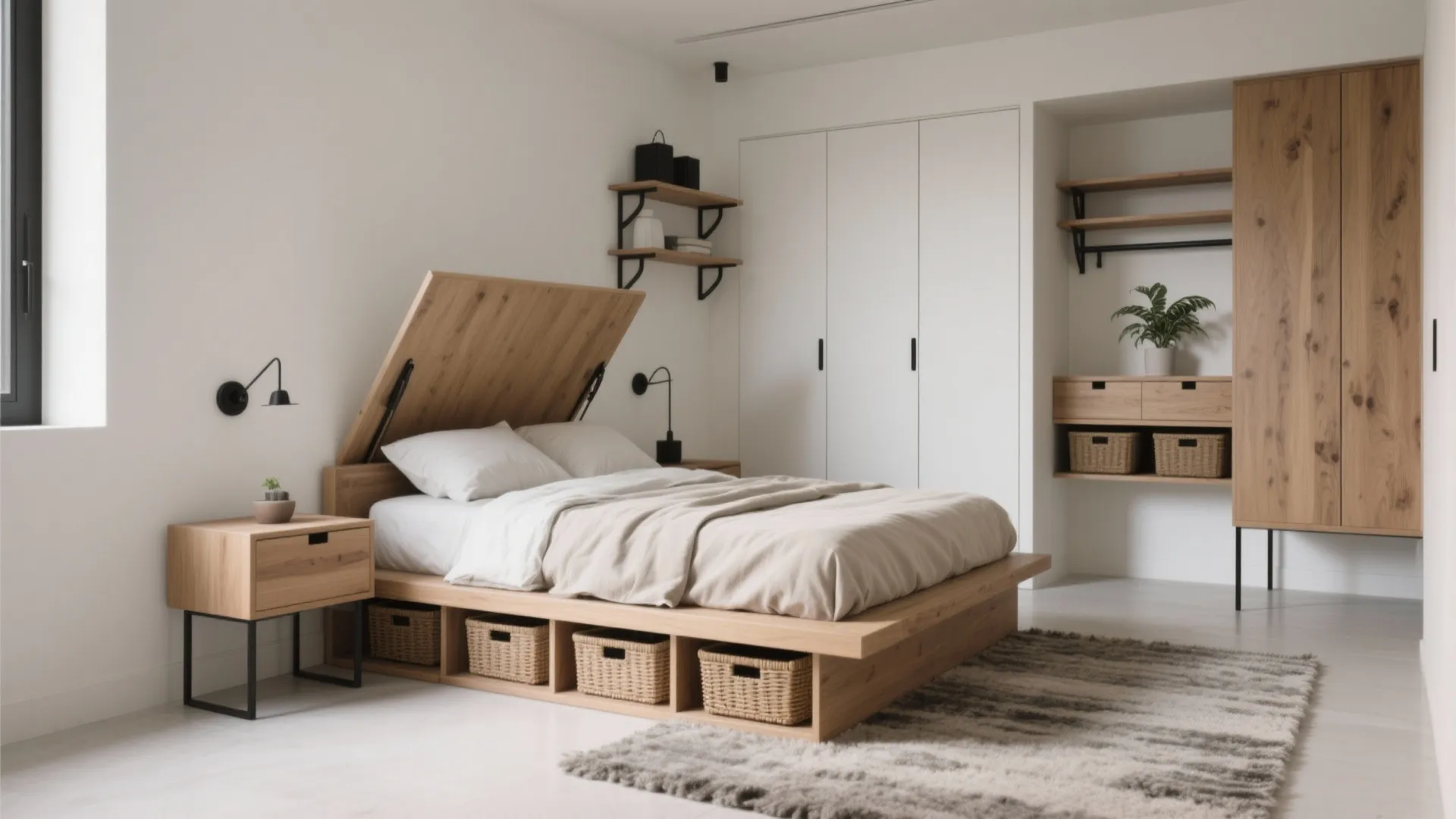 Modern white bedroom featuring a wooden bed with storage baskets underneath and built-in white closet