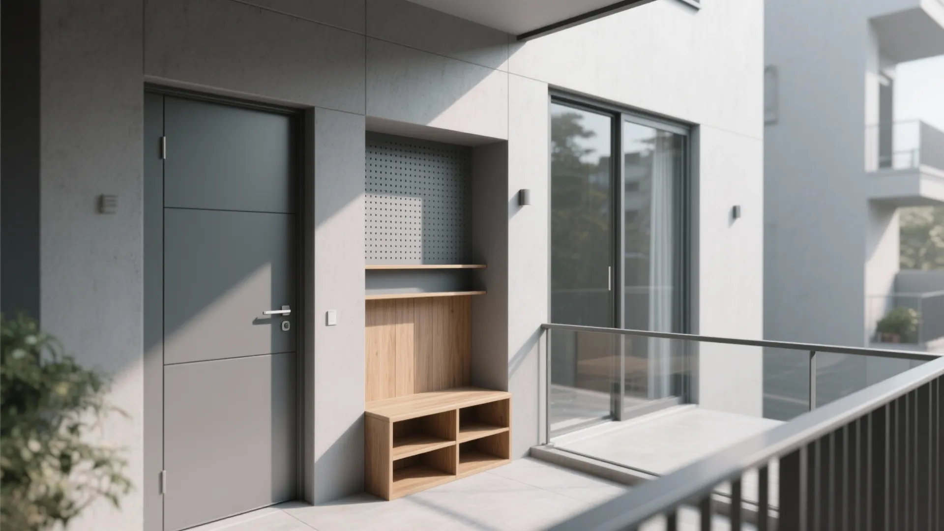 Minimalist balcony with grey door wooden storage cabinet pegboard wall shelf and large sliding windows