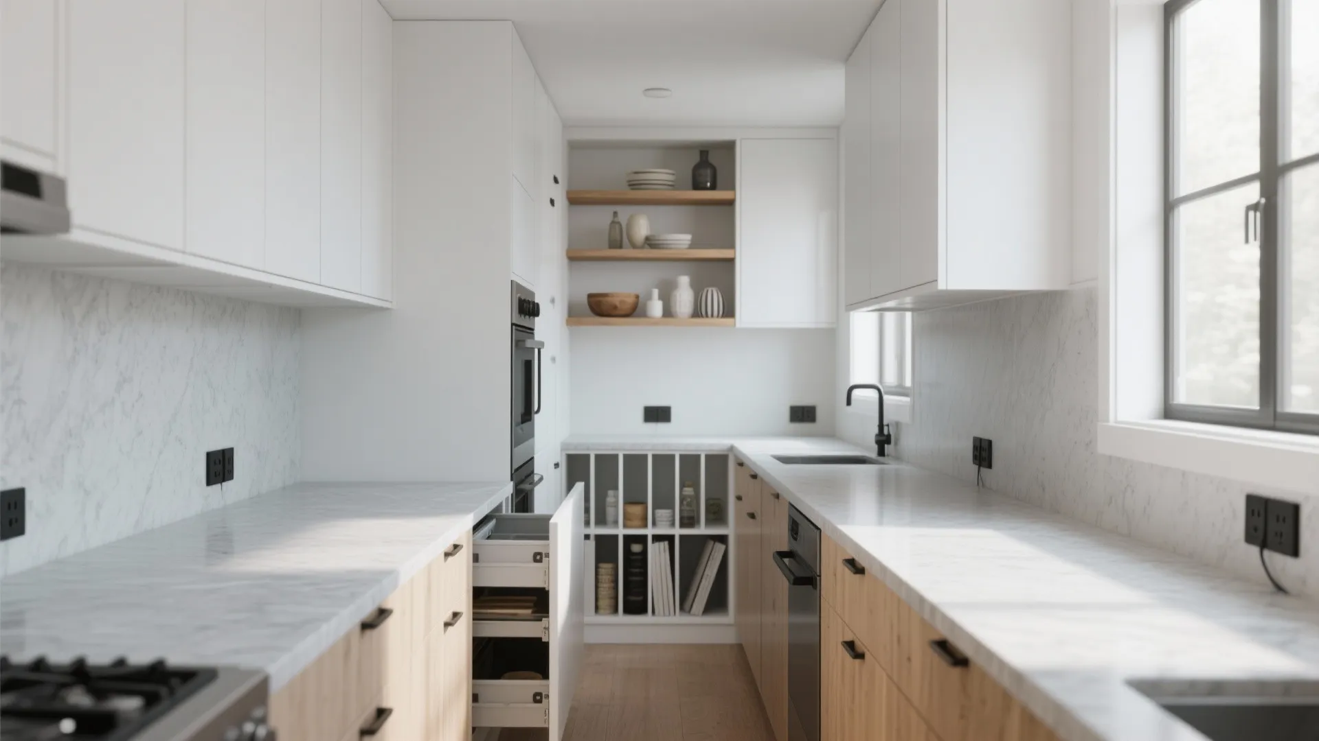 Modern kitchen with white upper cabinets wooden lower drawers marble counters shelves and an open drawer