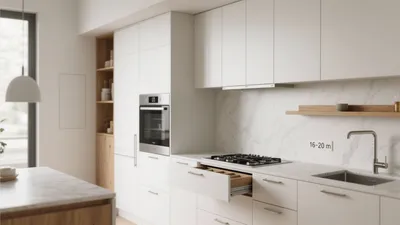 Modern White Kitchen with Marble Backsplash & Smart Storage