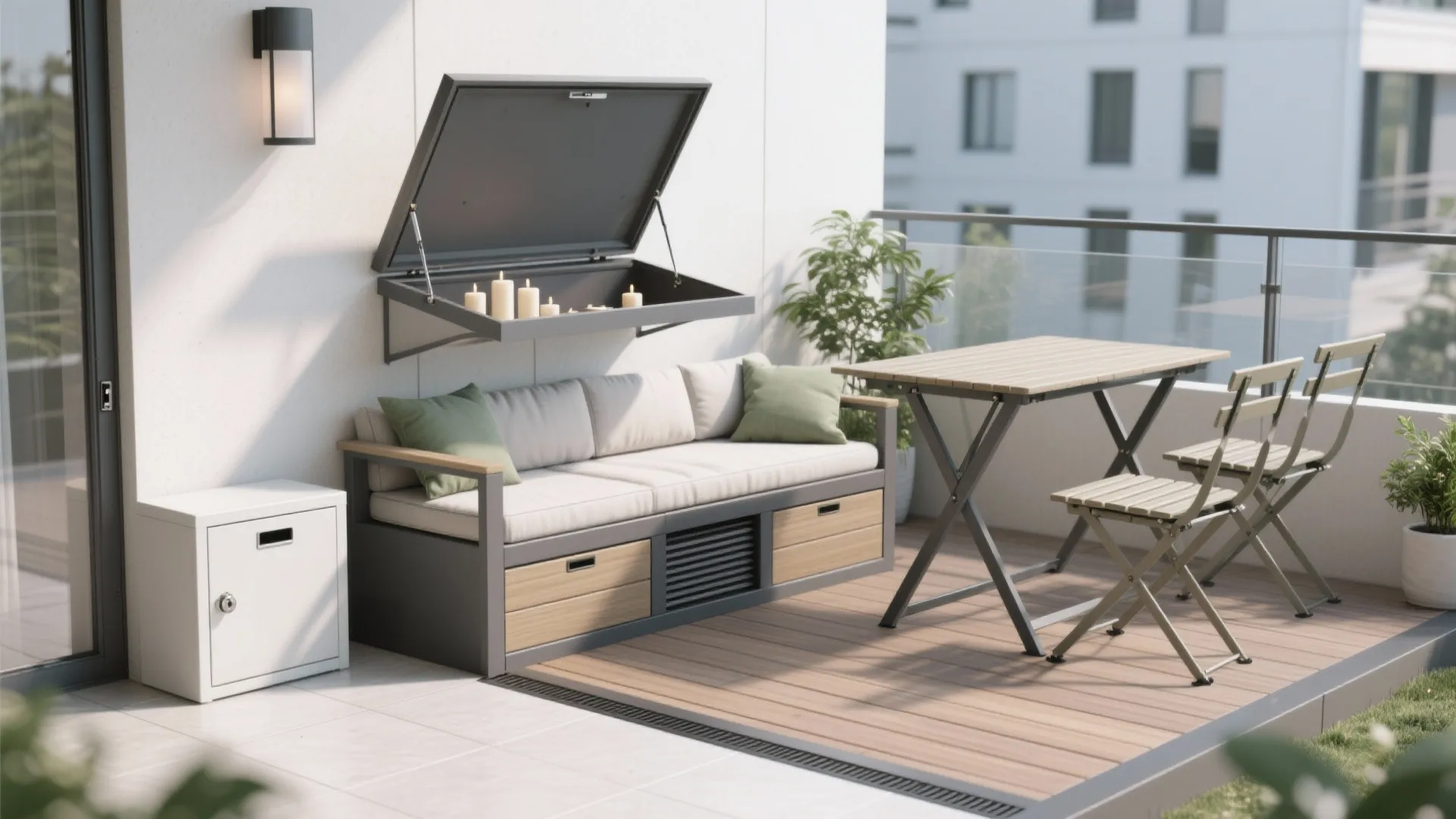 Comfortable balcony seating area with grey sofa folding table two chairs and wall mounted storage