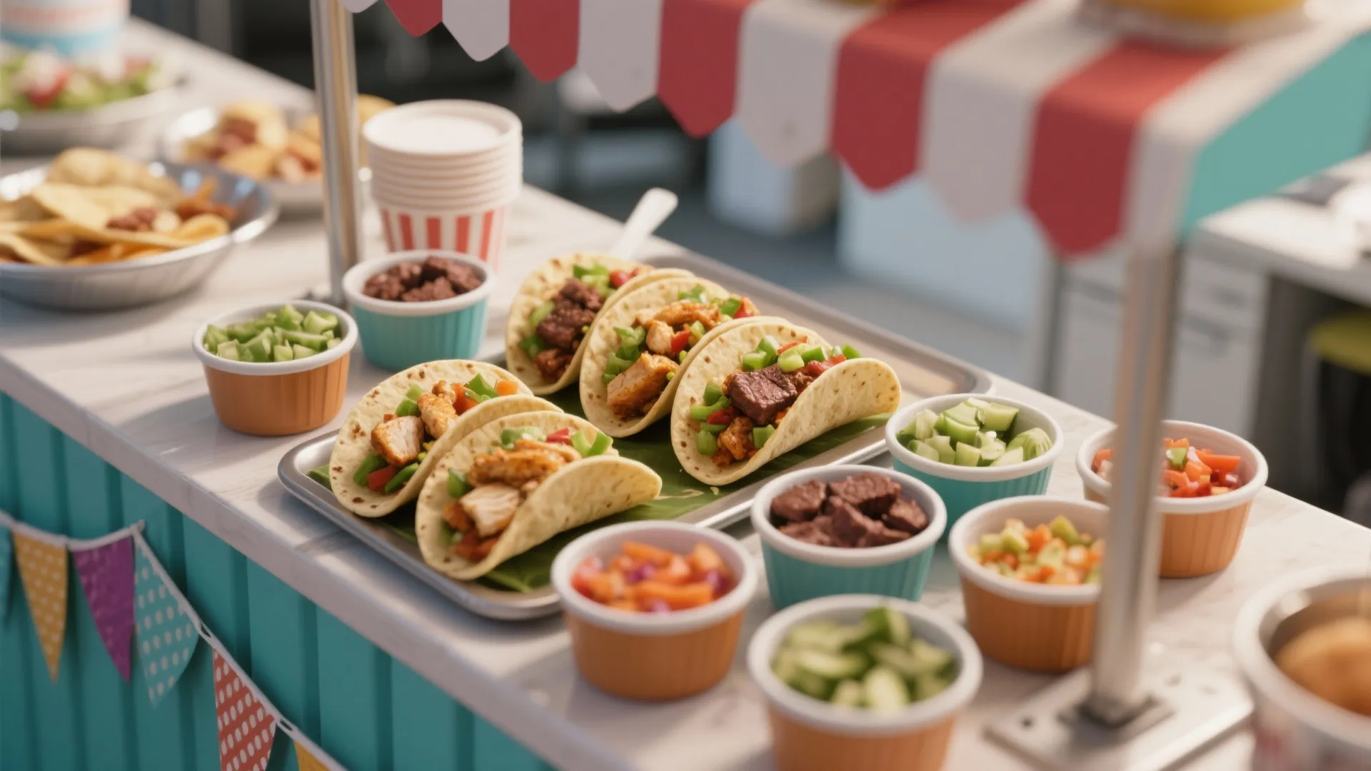 Row of small street tacos with meat and vegetables served with various side salsa bowls