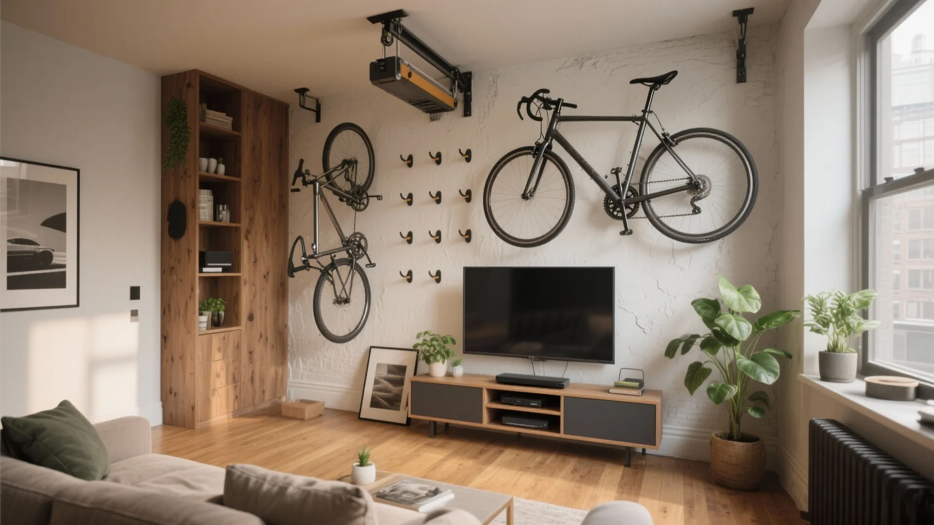 Modern living room with two bikes mounted on wall above television and wooden storage unit