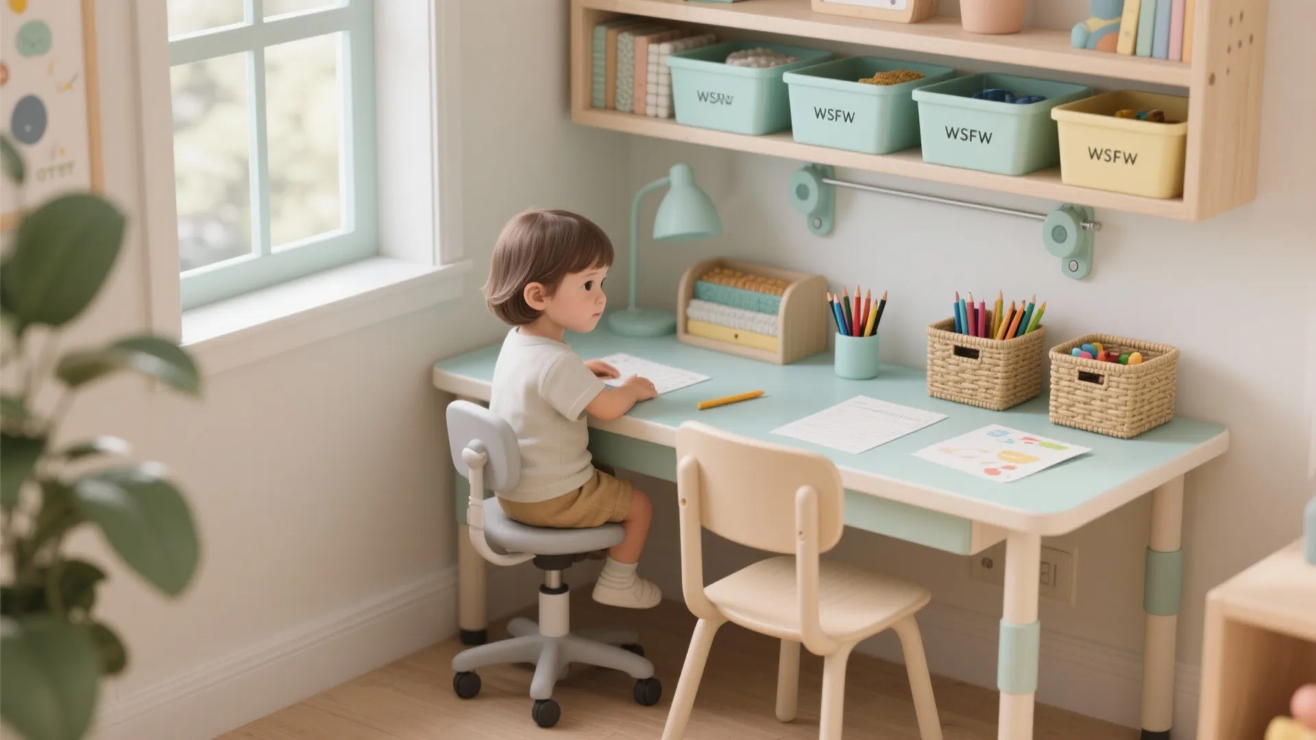 Child sitting at a blue desk with small chairs wall shelves and pencils near window