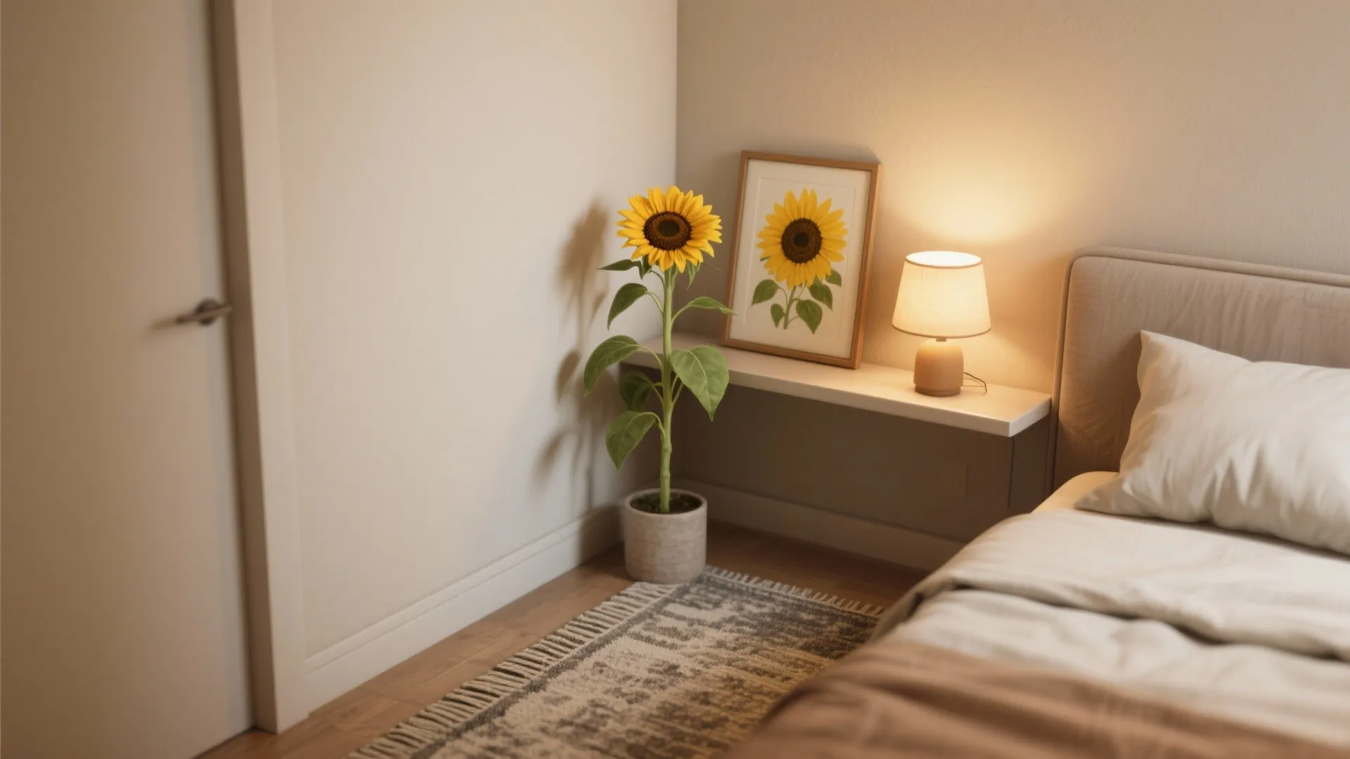 Minimalist bedroom corner featuring a potted sunflower plant, framed sunflower art, table lamp, and bed