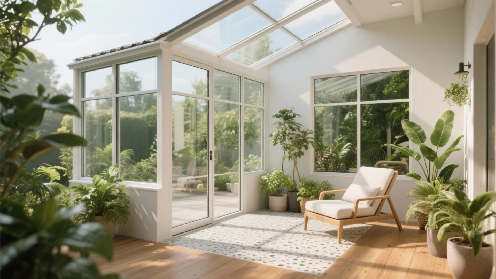 Bright sunroom with glass walls white chair green plants wooden floor and view of outdoor garden
